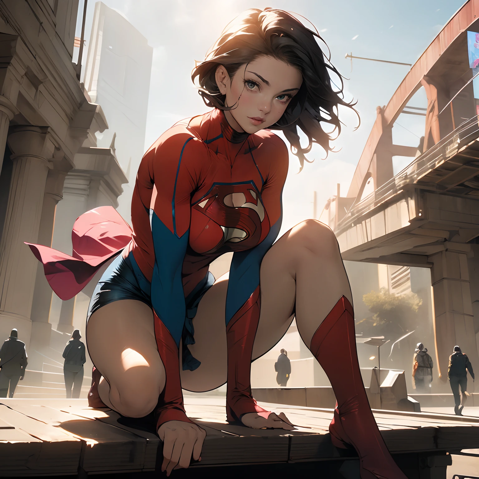 (((American female goddess, detailed face, perfect light green eyes, erotic expression, hot super-girl, she wears a skirt showing panties stuck in her wet pussy, hot ass, her breasts are huge, giant long breasts on display, pointy breasts pink eyes coming out of the sexy cleavage, (she wears the Super-Girl outfit) based on the DC Studios films, Super-Girl costume, wearing ultra-thin panties tucked in showing the parts of her perfect pussy, erotic detail)))), ( photo taken from below, showing her underskirt), (1girl: 1.3), alone, (She wears accessories,), excited, sexy perfect body parts, official art, 8k unified wallpaper, super detailed, beautiful and aesthetic , beautiful, masterpiece, best quality, ultra realistic, masterpiece, super fine photo, best quality, super high resolution, photorealistic realism, sunlight, full body portrait, incredible beauty, dynamic pose, delicate face, vibrant eyes , (she is wearing a sexy Super-Girl outfit with flared skirt), short hair, PERFECT huge breasts, pink panties with highlighted bottom, on top of the tallest building, flexible body, sexy eroic poses, detailed details, beautiful, skin highly detailed, realistic skin details, visible pores, sharp focus, volumetric fog, 8k UHD, DSLR camera, high quality, film grain, clear skin, photographic realism, (cinematic), large metropolis in a future dystopia, futuristic world, display of DC Super-Girl's detailed clothes and erotic stockings, (super-mem's) erotic swimsuit, the girl's erotic body and her hot parts, costume stuffed in her wet pussy, epic scene, skirt lifted showing panties stuffed in her pussy, sitting on motorbike, rubbing her pert ass on the motorbike, epic pose, (pink and pointy breasts sticking out of her clothes), (((naughty, sexy girl))) , perfect details, Erotic, (cleavage, showing, big breasts, huge breasts, coming out of the neckline)