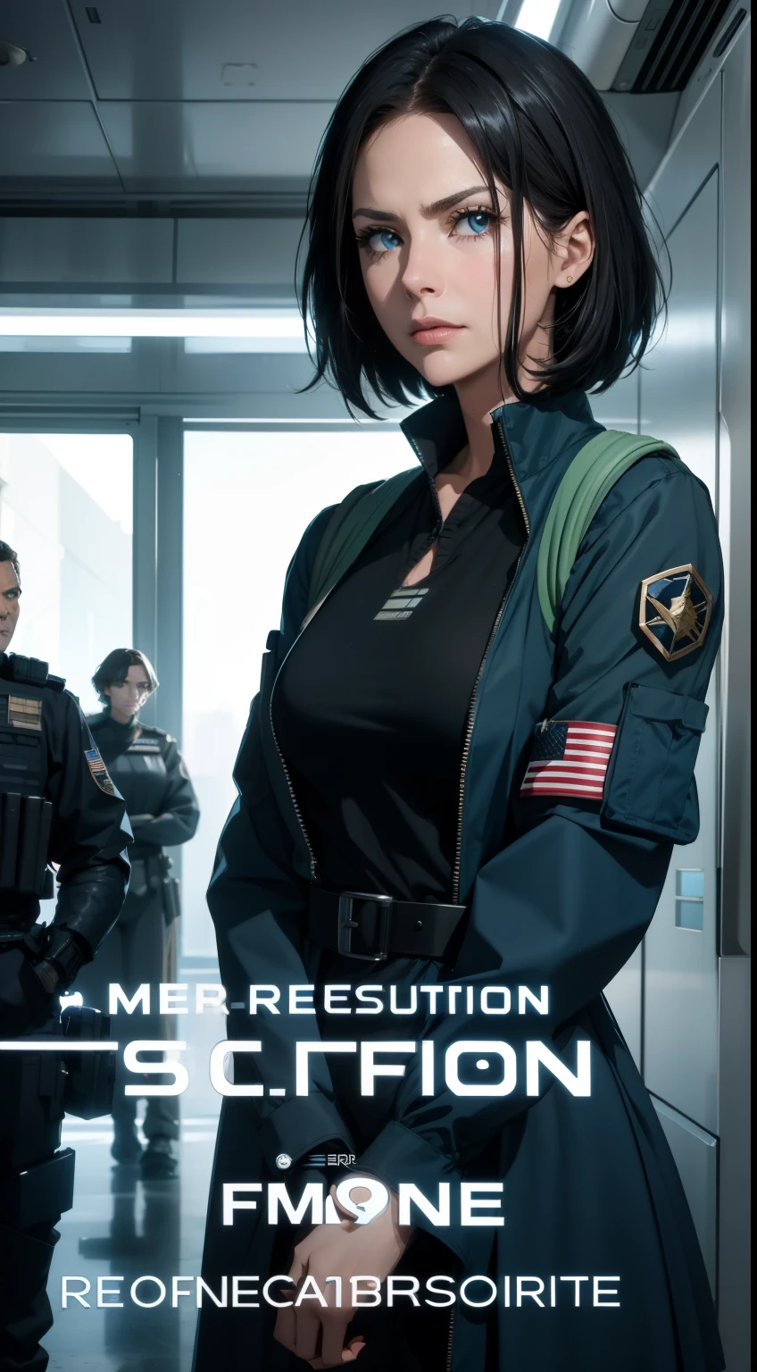 Science Fiction,Sci-Fi,Sci-Fi Movies,Movie Posters,Foundation Movie References,Stories about Rebellion,Anti-Government Groups,Politics,War,25-Year-Old Woman,Adult,Dark Blue Water-Colored Eyes,Black Bob Short Hair,1945 Doctor Gown,Fully Dressed,Polite Dress,Serious Face,Realistic Face Resolution,Realistic,Object Resolution