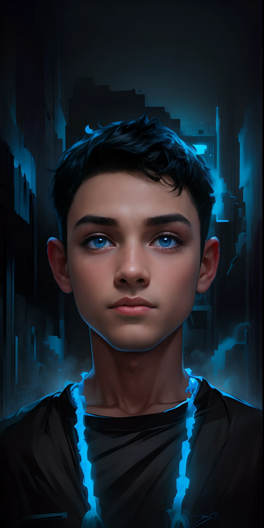 A boy with a menacing gaze hides his face in a technologically advanced 4K environment, creating an air of mystery and suspense in the digital world.