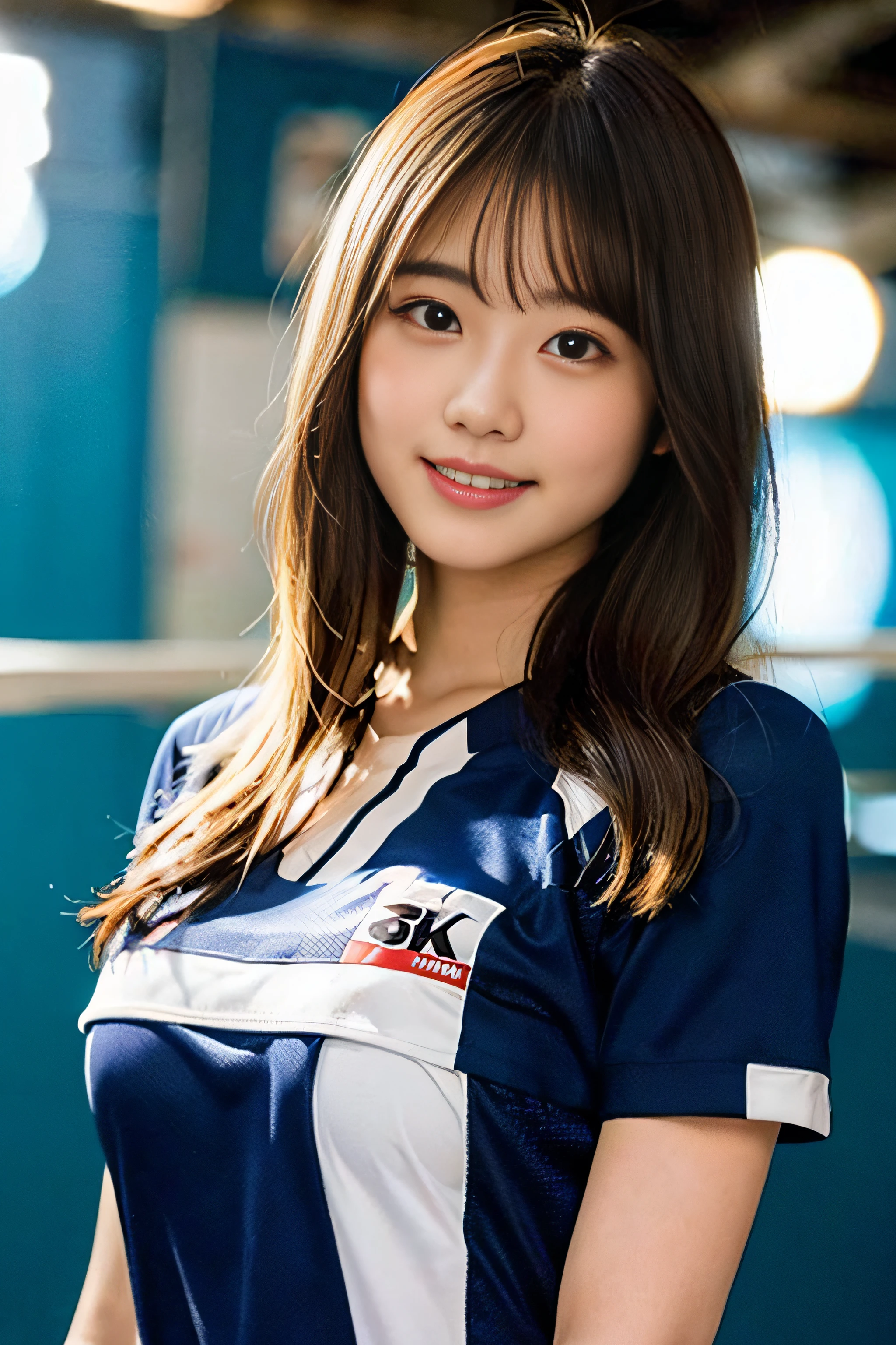 (highest quality,masterpiece:1.3,ultra high resolution),(Super detailed,caustics,8k),(photorealistic:1.4,RAW shooting),20 years old,Japanese,black long hair,smile and look down at the camera,Are standing,Low - Angle,face focus,Natural light,very cute and beautiful cheerleader girl,(Stadium Stand),full body,(blue mini skirt),(white sleeveless shirt),Beautiful legs,White panties with red ribbon,(skirt lift:1.5),1girl,(panty shot),(embarrassed:1.3),(blush:1.3),nsfw