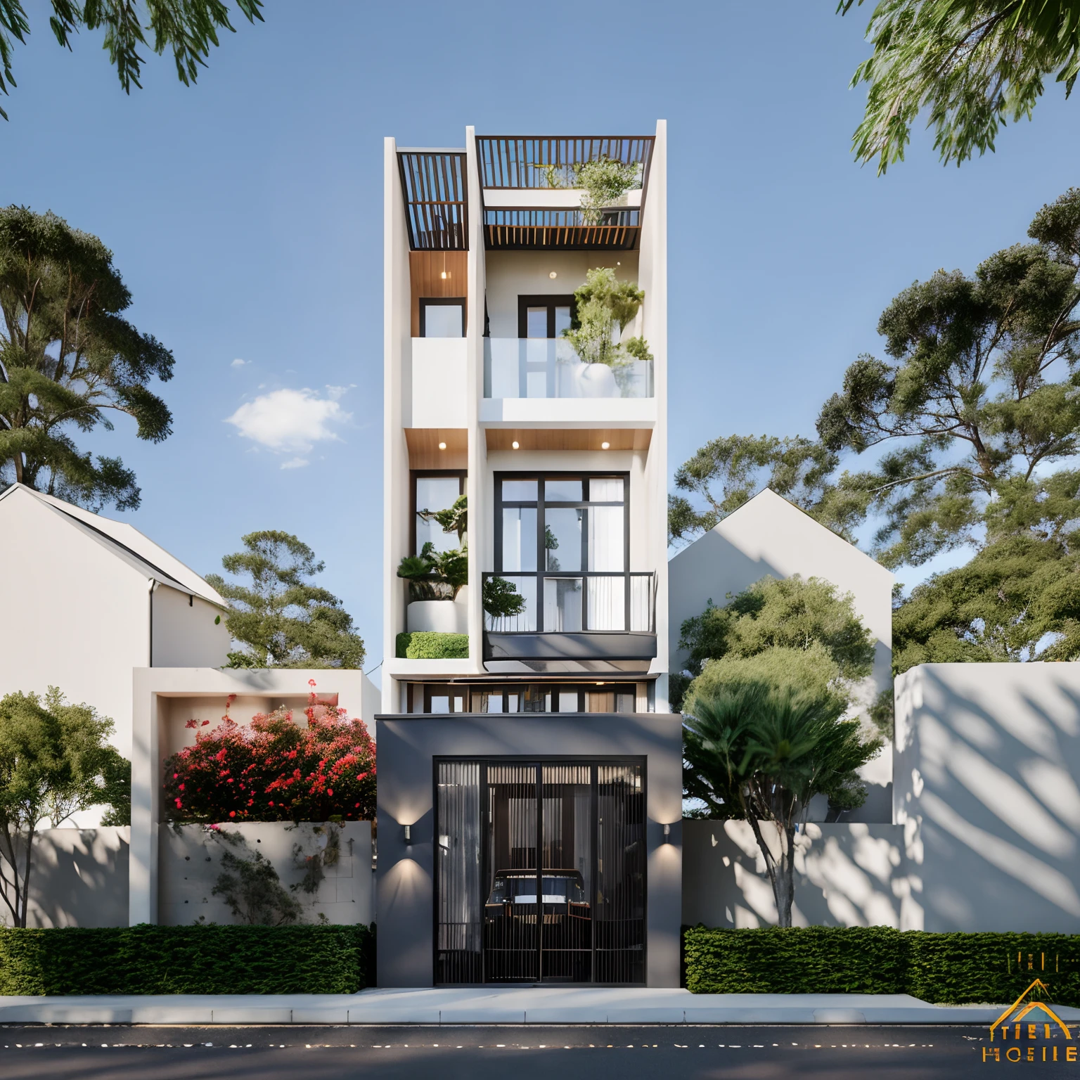 Townhouse in city, daylight,warm light, (sharp focus) front view of townhouse in style of modern, Vietnamese architecture ,mutual colours, soft lighting, warm atmosphere,high Resolution, hyper detailed,8k, hdr, ,vray render, hyper realistic,exterior design , professional photography, exterior photography,wide-angle shot , ultra detail, real world location, road sign, cityscape, pavement, ground vehice, cloudy sky. doors and windows are made by Xingfa. bancony have many trees , ivys, palms. black iron frame. wooden ceiling, ceiling light, black iron gate, iron railing, fence walls is made by black stone