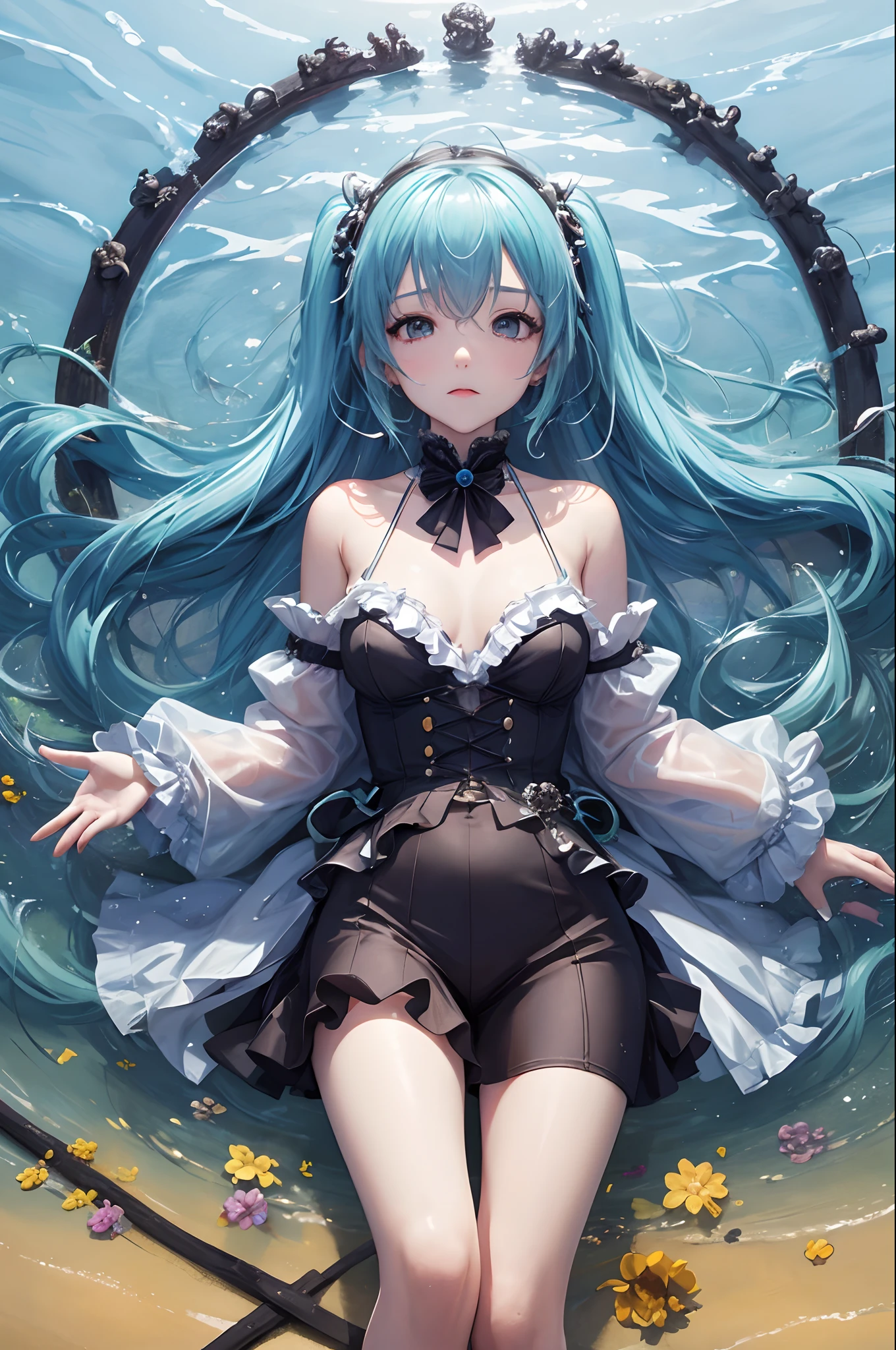 (masterpiece、top-quality、Official art:1.2)、(colourfull)、miku hatsune、see the beholder、1girl in、portlate、独奏、Colorful water levitation