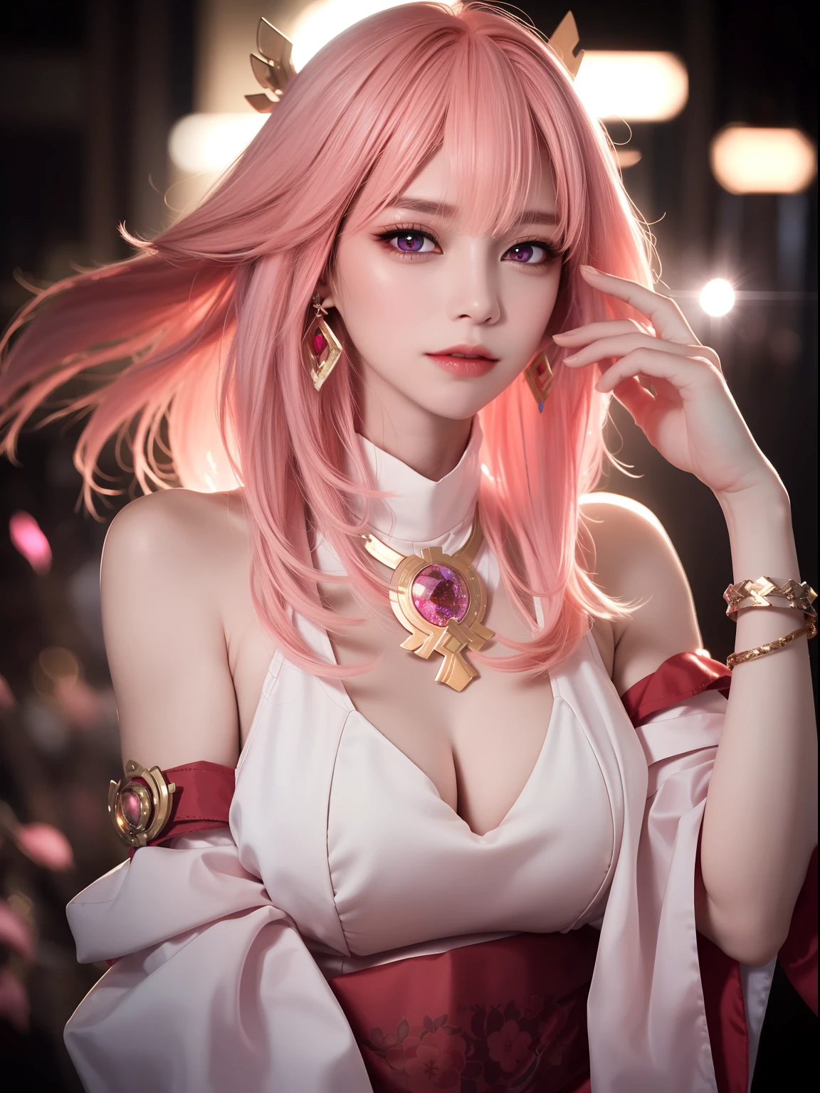 best quality, ultra high res, (photorealistic:1.4), 1girl, lace trim,(pink hair:1.4), hair ornament, (natural B cup breasts, round breasrs, medium perfect breasts:1.2), looking at viewer, gold crown, gold necklace,, earrings, bracelet, armlet, Japanese background, ultra detailed background, cherry blossoms background, Yae miko, (red eyes, glowing eyes, double eyelids, ultrarealistic, skin texture, natural skin:1.2), (layered bangs, Slender Abs, sparkling:1.4), dynamic pose, dynamic angles, sexy pose, perfect slim body, detailed photograph, Side lighting, dslr, telephoto lens, cinematic lighting, Phase One XF IQ4 150MP, Zoom lens, Neon Light, Canon eos 5d mark 4, 35mm, Disgusting, Lens Flare, Canon RF, L USM, Direct light, Kodak portra 400, F/2. 8, broad lighting, Fujifilm XT3, F/14, fair and pinkish realistic skin, skin pores, (mole:0.8), beautiful armpits, silky-smooth armpits