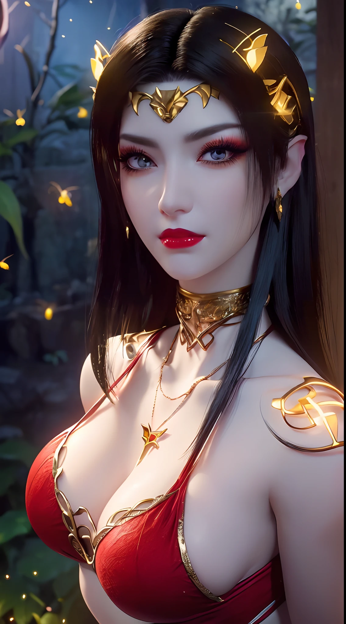 1 beautiful and sexy 20 year old girl, ((wearing a red bikini is very beautiful and sexy:1.8)), ((motifs and rhinestones on the bra:1.7)), ((nfsw:1.5)), ((long black hair:1.6)), jewelry elaborately made from precious stones and beautiful hair, ((wearing a 24k gold lace necklace:1.4))), ((A thin red silk scarf covers half of the face:1.5)), the noble, noble style of an extremely beautiful girl, her small face is super cute, her face is very pretty, thin eyebrows, flawless beautiful face, ((black eye pupils: 0.8)), very beautiful eyes, ((platinum blue eyes: 1.6)), (((big round eyes:1.6))), nice makeup and hair detailed eyelashes, steamy eye makeup, high nose, earrings, red lips, ((closed mouth: 1.5)) beautiful lips, slim hands, most beautiful thighs, ((arms spread out to the sides: 1.5)), rosy face, clean face, flawless beautiful face, smooth white skin, (big breasts: 1.5)), ((high breasts: 1.6)), tight breasts, beautiful cleavage, (((big breasts and super round: 1.8))), ((super tight breasts: 1.7)) , beautiful breasts, perfect body, back arms, chest out, thin black mesh stockings with black lace trim, 8k photo, super high quality, super realistic, super 10x pixels, optical, bright studio, bright edges, dual-tone lighting, (high-detail skin:1.2), super 8k, soft lighting, high quality, volumetric lighting, photorealistic, photorealistic high resolution, lighting, best photo, 4k, 8k quality, blur effect, smooth sharp, 10 x pixel, ((the night and fireflies background:1.5)), aurora, lightning, super graphics realistic, most realistic graphics, 1 girl, alone, solo, Extremely sharp image, surreal, (((frontal portrait: 1)))."
