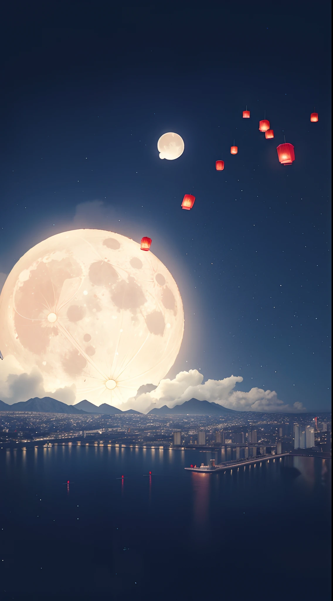 There are many red paper lanterns flying over a city, the moon is big an in the city, float under moon light at night, big white moon background, amazing wallpapers, city on the moon, large full moon, Beautiful wallpaper, kongming lanterns in the sky, wallpaper - 1 0 2 4, Full moon background, with full moon in the sky
