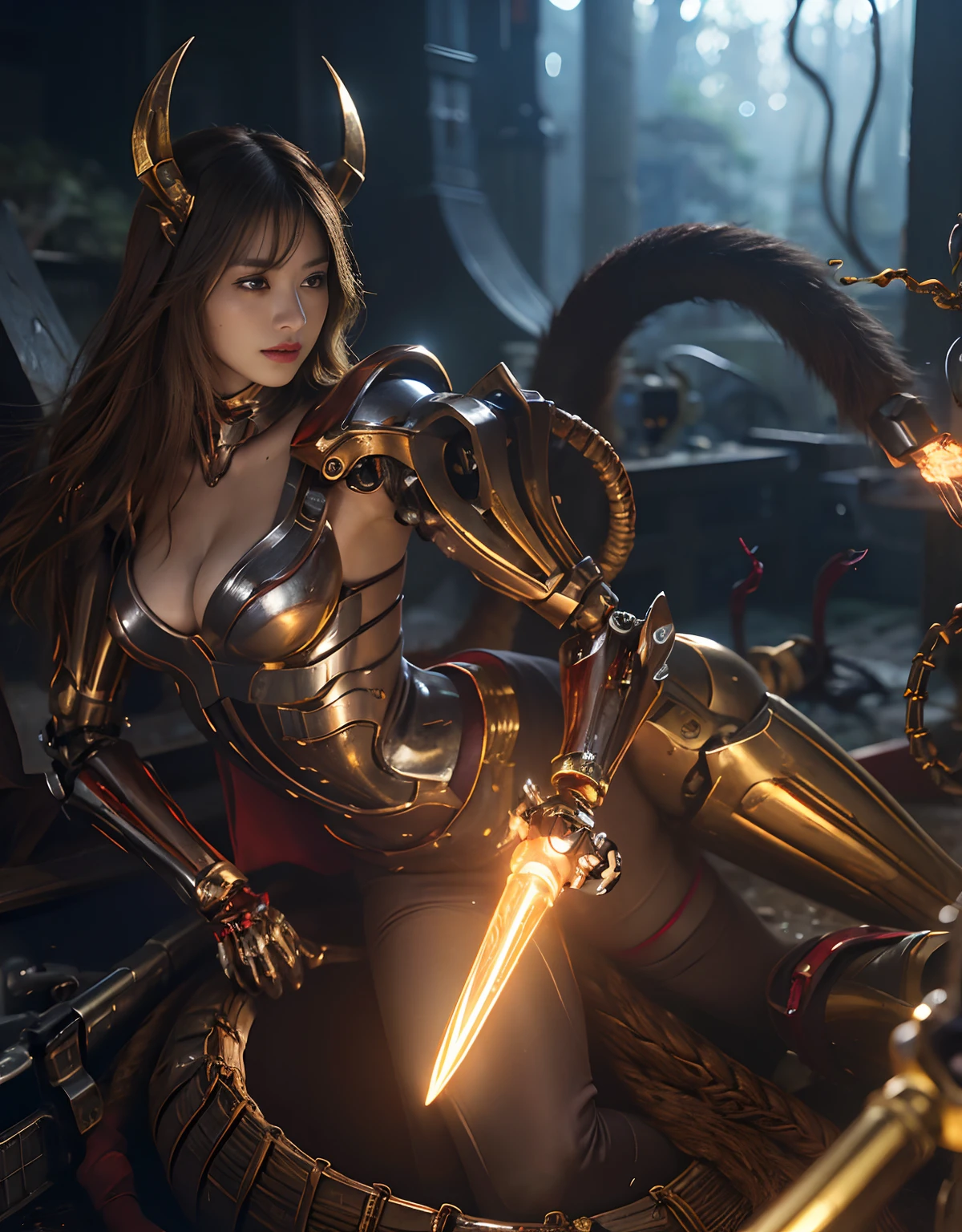 ((Fighting Demonic Beasts))、top-quality、masterpiece、超A high resolution、(Photorealsitic:1.4)、Raw photo、1人、Golden hair、glowy skin、(((1 Mechanical Girl)))、With a beautiful knife、(Blue Metal Bodysuit)、(beautiful forest background)、(Fighting Demonic Beasts)、(Small LED)、((super realistic details))、portlate、(Strong giant demon beast background),globalillumination、Shadow、octan render、8K、ultrasharp、Colossal tits、Raw skin is exposed in cleavage、metals、Details of complex ornaments、Japan details、highly intricate detail、Realistic light、CGSoation Trends、Red Eyes、radiant eyes、Facing the camera、neon details、(Mechanical limbs)、(blood vessels connected to tubes)、Mechanical vertebrae attached to the back、mechanical cervical attaching to neck、(Wires and cables connecting to the head)、Gundam、Small LED、,Mechanical thighs、Toostock、(Hands are also made of machines)、(Attack of the Monster Beasts)、(Wounded in a deadly battle)、