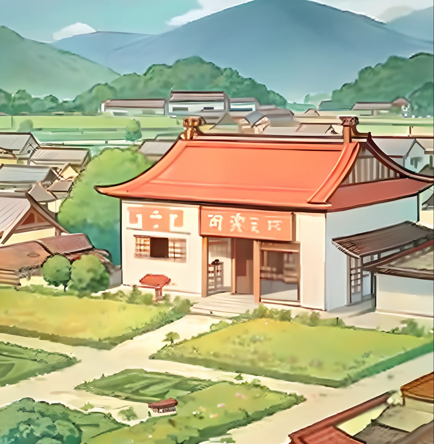 Cartoon illustration of a small village with a red roof and garden, town center background, town background, japanese town, anime countryside landscape, Anime background art, Detailed scenery —width 672, arte de fundo, Temple background, tavern background, Japanese village, background artwork, anime backgrounds, Japan rural town, restaurant!, colorful kitsune city, distant village background