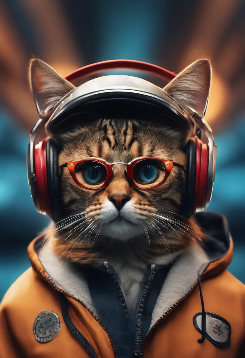Perfect centering, Cute cat, Wear a student team jacket, Wearing sunglasses, Wearing headphones, cheerfulness, Standing position, Abstract beauty, Centered, Looking at the camera, Facing the camera, nearing perfection, Dynamic, Highly detailed, smooth, Sharp focus, 8K