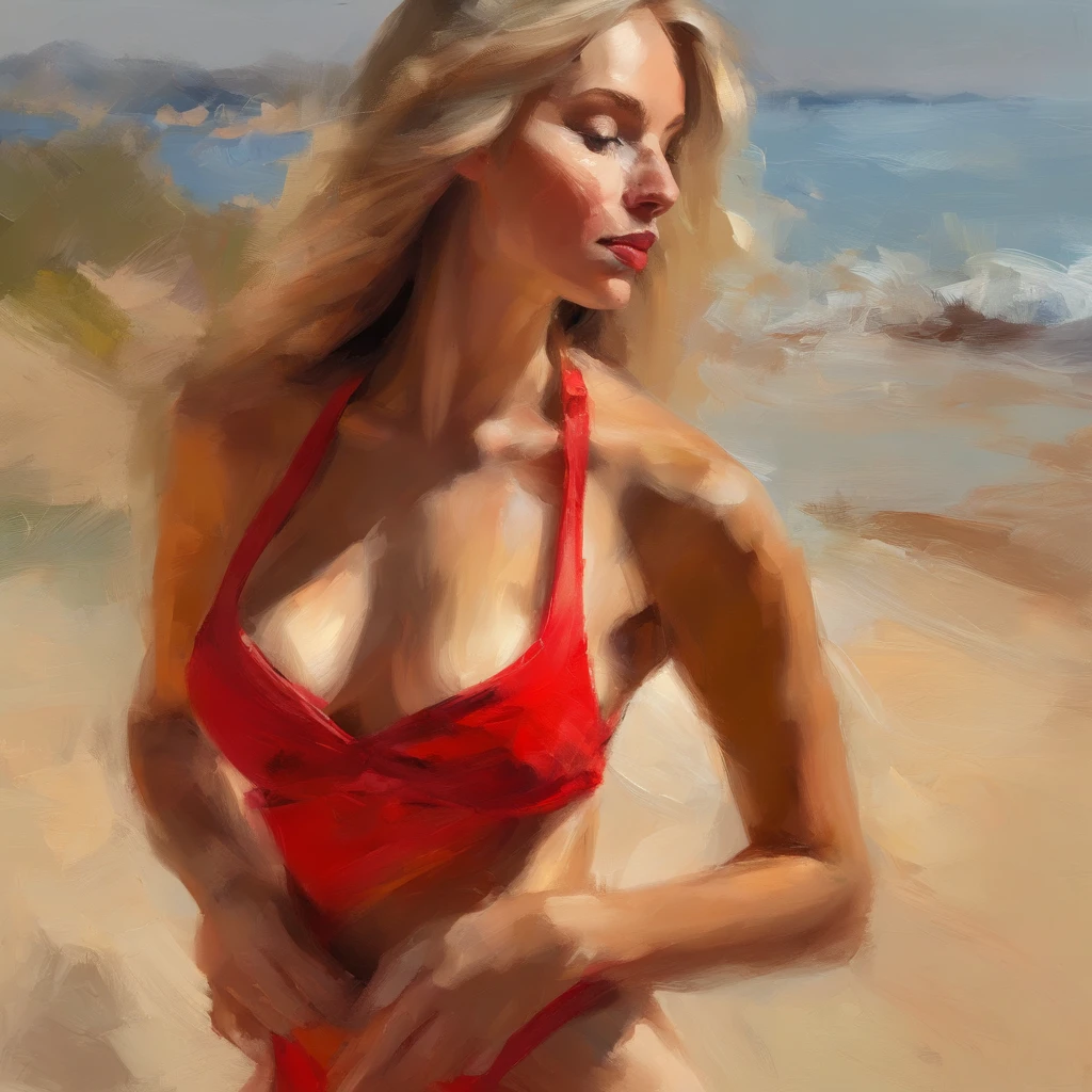 painting of a woman in a red bikini, long blond hair, eyes looking directly at us, camera view has her head in the center of the frame, elegant digital painting, beautiful portrait acrylic painting, wlop painting style, heavy brush strokes in textured paint, gorgeous digital painting, in wlop style, beautiful character painting, fine art portrait painting, colorful epic background, expert lighting, beautiful art uhd 4 k