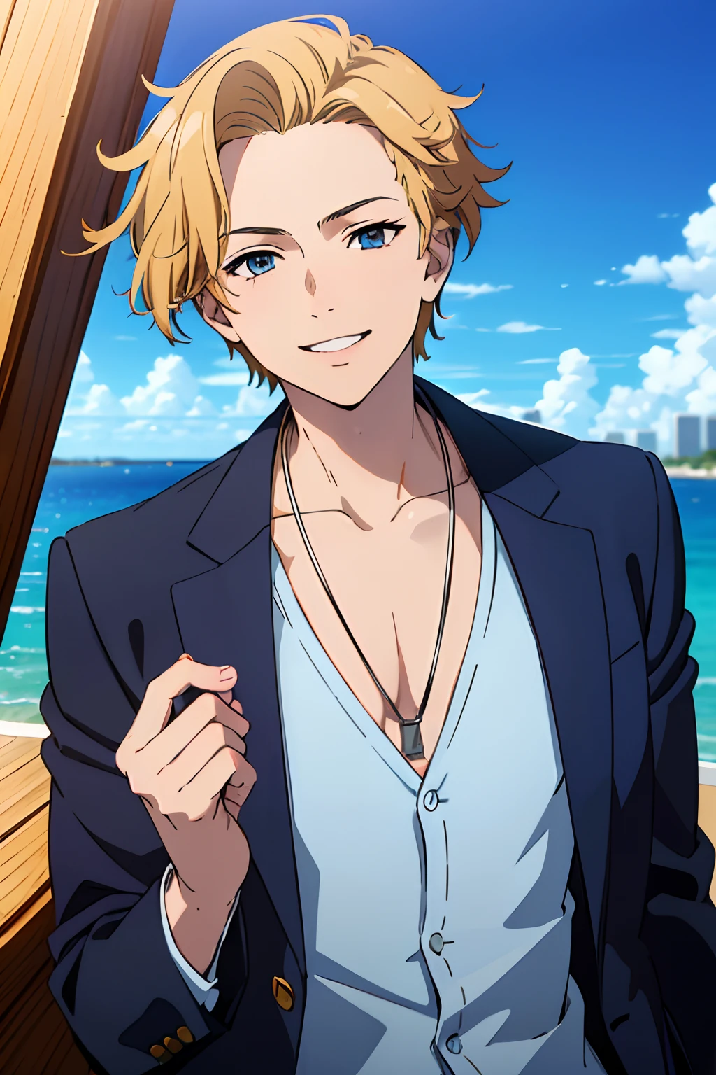 a young man in a blue suit, on a yacht, vacation photo,upper body, Miami background, no background, PNG, natural lighting, no shadows, ultra detailed, 80mm, 4k, 8k, 8k, intricate, high resolution, anime, smile, blonde hair, dylan sprouse,