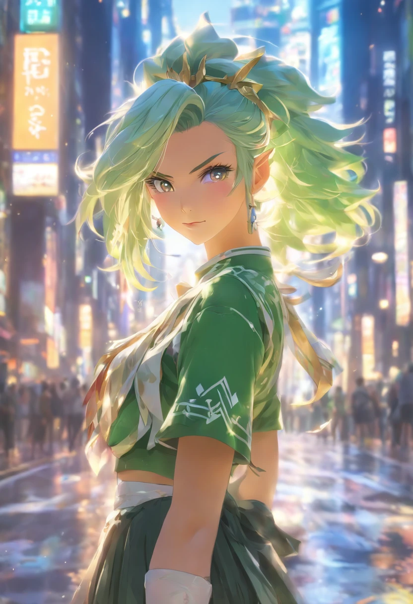 masterpiece , best quality,nahida(genshin impact) ,1girl , small breast,long hair ,side ponytail, hair ornament , white hair , green hair , hand behind head:1.5,multicolored hair, elf , pointy ears , school uniform , skirt ,cardigan,road , street,looking at the viewers