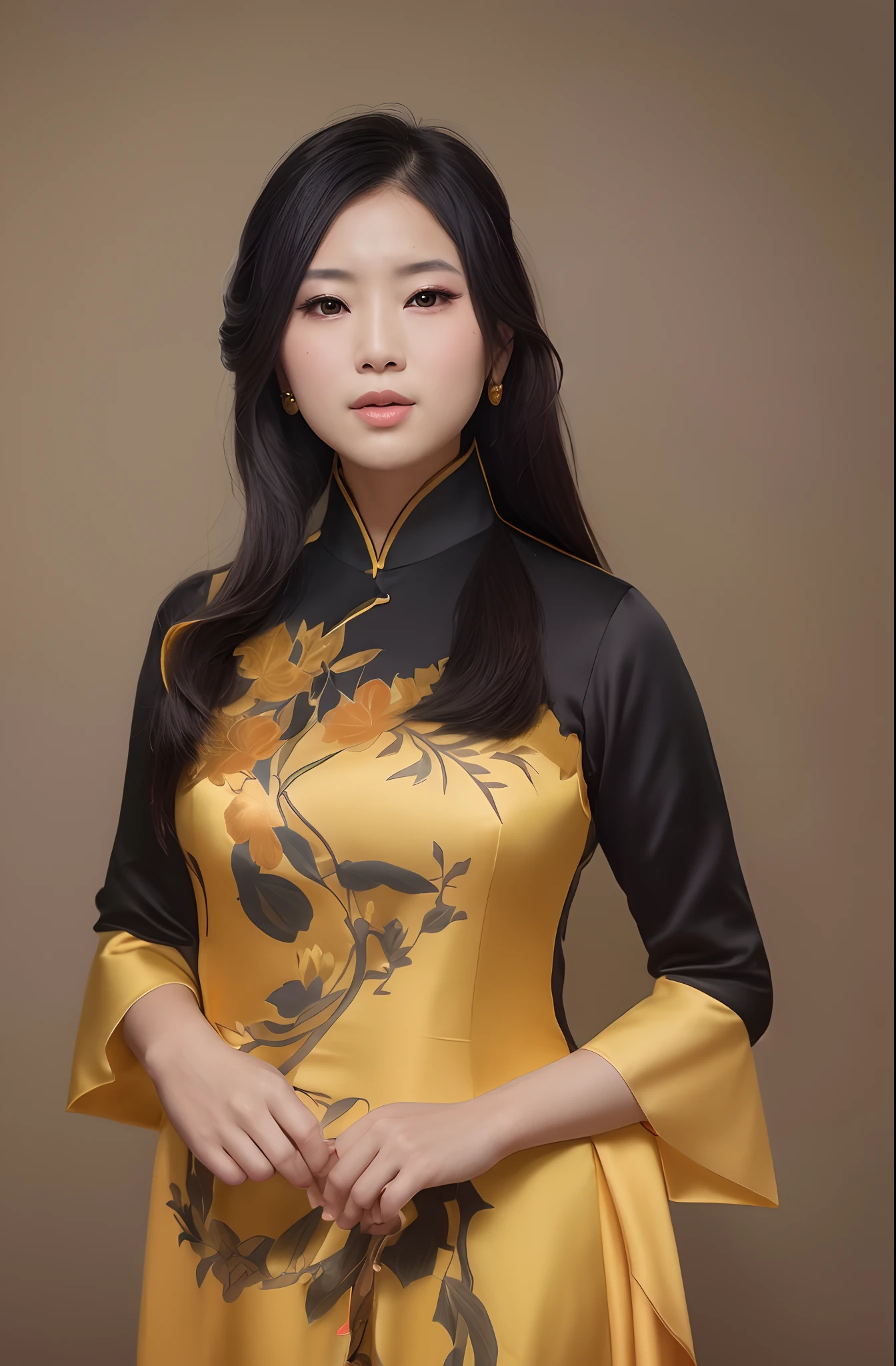 arafed asian woman in a yellow dress has a black bamboo pattern, vietnamese woman, mai anh tran, ao dai, in style of lam manh, an asian woman, asian woman, asian women, wearing a red cheongsam, dang my linh, chinese woman, asian girl, a young asian woman, photo of a woman, asian, highly detailed, ultra detail, studio shoot, cinematic angle, 85mm prime lens, macro lens, iso 100, f/4, canon eos, canon 5d, --quality 100, --s 5000, --stylise 1250, real human skin, vibrant details, hyperrealistic, octane render, 8k, best quality, masterpiece, an extremely delicate and beautiful, extremely detailed ,CG ,unity ,wallpaper, Amazing, finely detail, masterpiece, best quality, official art, extremely detailed CG unity, 8k wallpaper