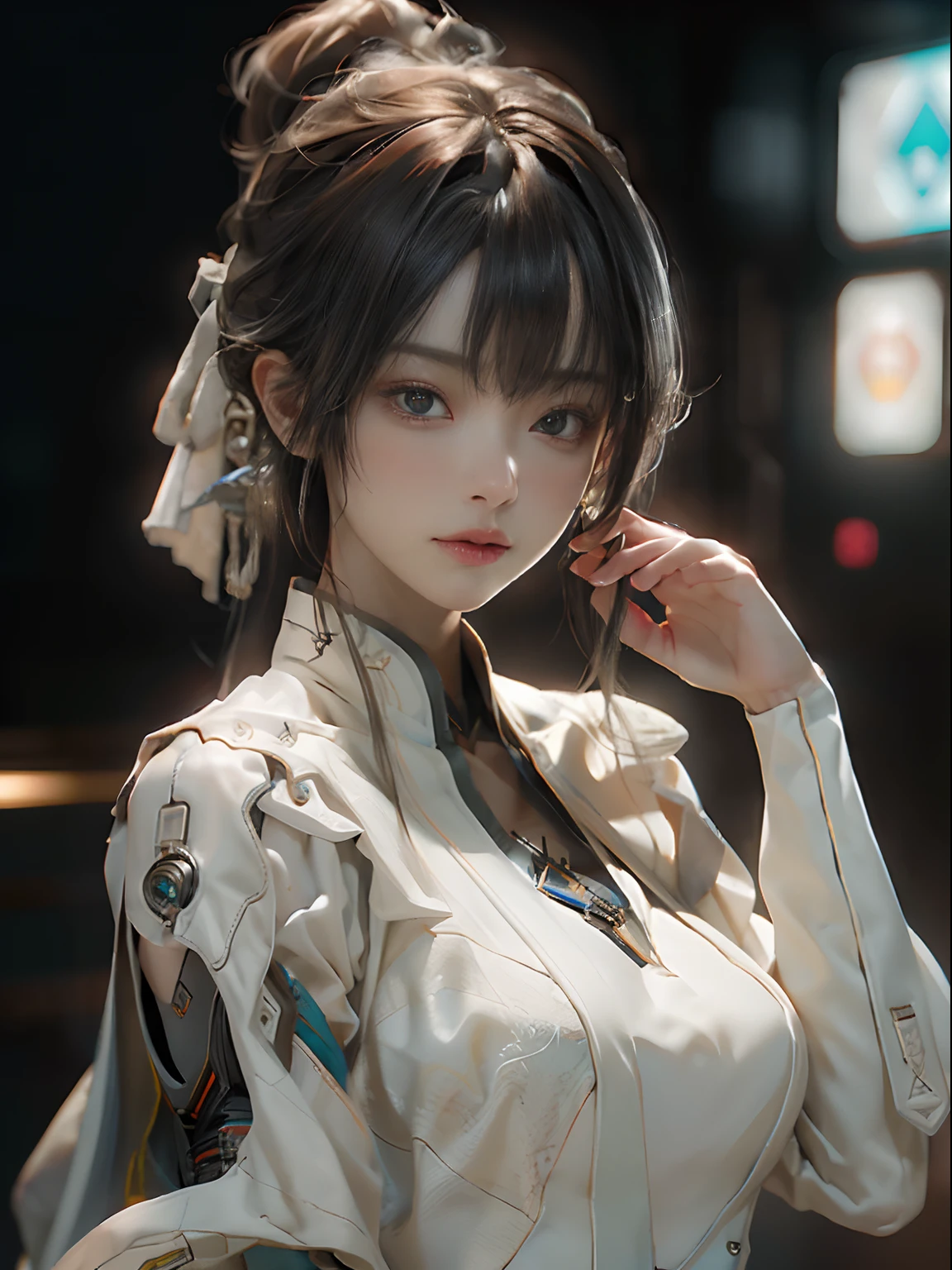 (Best Quality), ((Masterpiece), (Detail: 1.4), 3D, A Beautiful Cyberpunk Female Figure, HDR (High Dynamic Range), Frontal Pose, Ray Tracing, NVIDIA RTX, Super-Resolution, Unreal 5, Subsurface Scattering, PBR Texture, Post Processing, Anisotropic Filtering, Depth of Field, Maximum Sharpness and Clarity, Multi-layer Texture, Albedo and Highlight Maps, Surface Shading, Accurate simulation of light-material interactions, perfect proportions, Octane Render, two-color light, large aperture, low ISO, white balance, rule of thirds, 8K RAW,