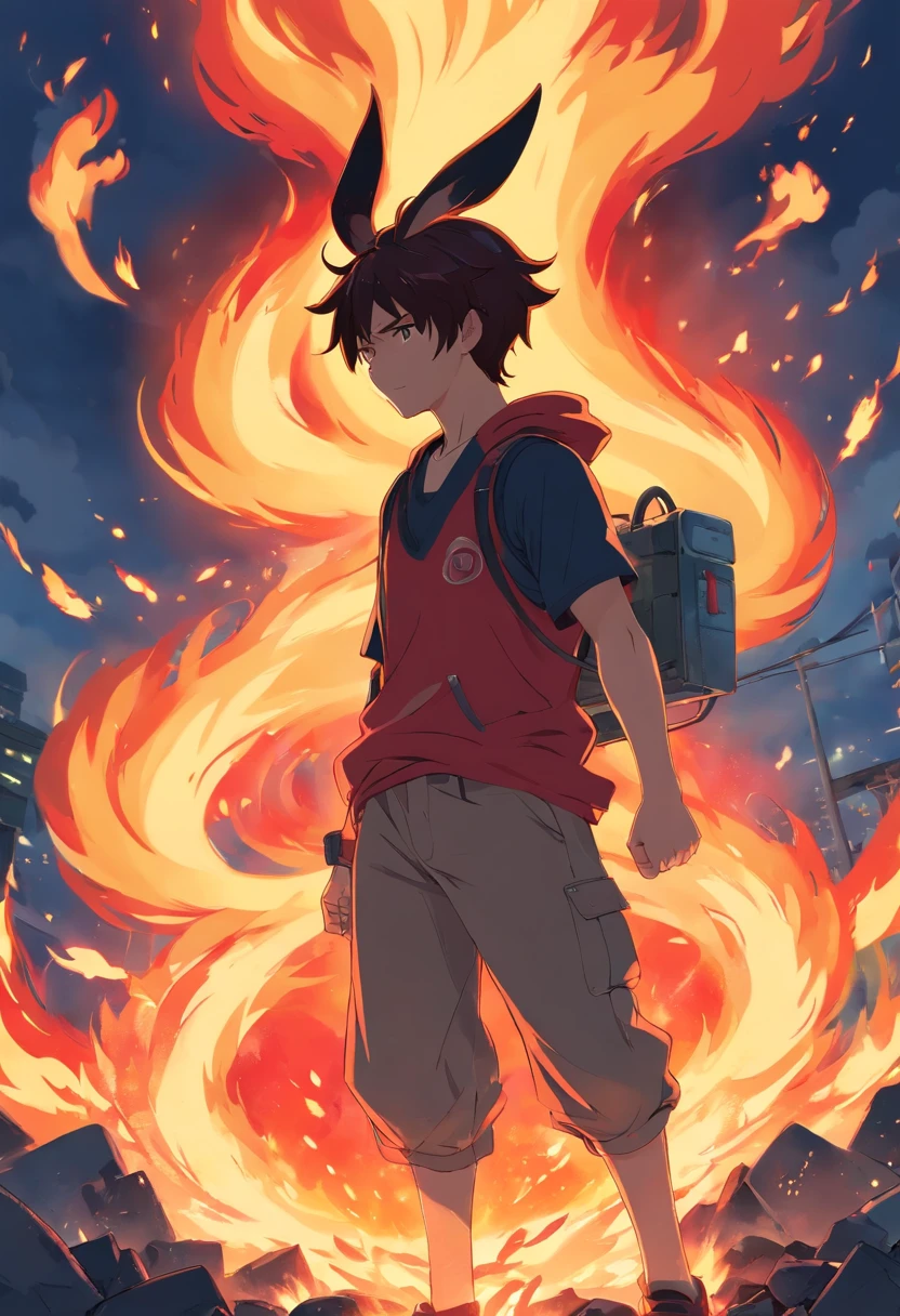 A man of red and black fire with big ears and fire covering his body and he is tired of the battle and ready to extinguish all his energy