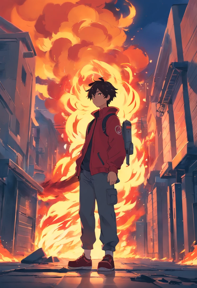 A man of red and black fire with big ears and fire covering his body and he is tired of the battle and ready to extinguish all his energy