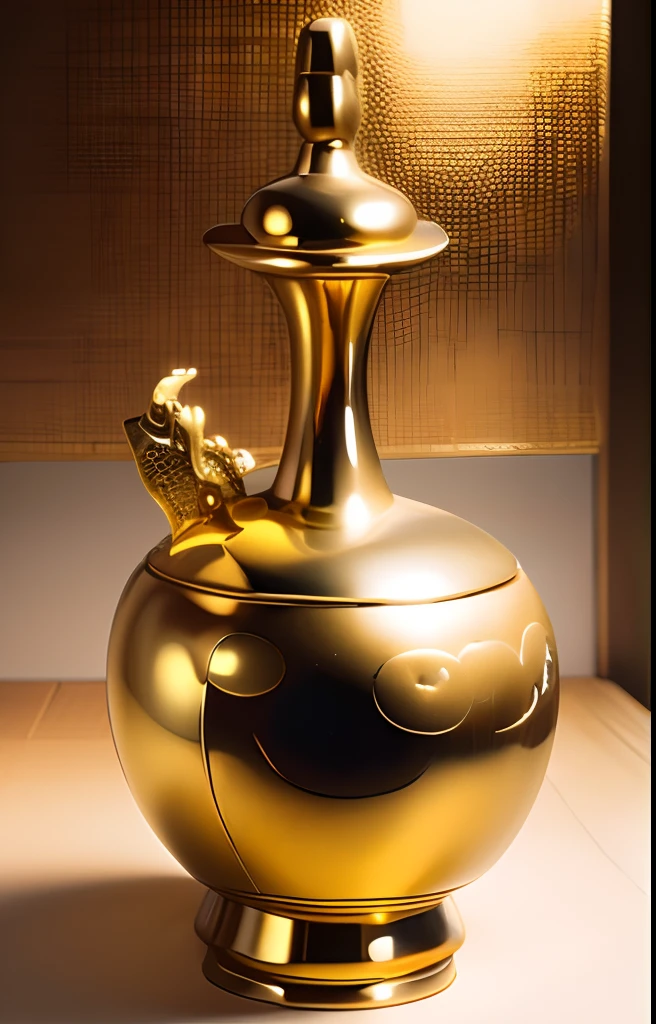 offcial art, (Extremely detailed CG unifies 8K,, Diamond, and wallpaper), (Photorealistic:1.4), (Masterpiece), (Best quality:1.2),Light and shadow tracking,Super HD, A high resolution, the detail, RAW photogr, Sharp Re, Nikon D850 Film Stock Photo by Jefferies Lee 4 Kodak Portra 400 Camera F1.6 shots, Rich colors, ultra-realistic vivid textures, Dramatic lighting, Unreal Engine Art Station Trend, cinestir 800,solid color backdrop,photorealestic,Golden magic container in the museum,Antique artifacts,((((gold)))),((((blingbling))))The background is a white glow,suns,Rainbow circle,chai,Total height 28 cm,There is a lid on it,The buckle is tight,The shape of this golden bottle,It resembles a golden cleaning bottle unearthed by the shrine monk Tataki,(((There is a pattern on the bottle))),(((Auspicious cloud pattern))),It can be concluded that it is a relic of the Tang Dynasty,Full work, Full of patterns, No text,Forged hammer pattern,Big belly,oguchi,On the small mouth is a dragon,sedate,massiness,Shiny and warm