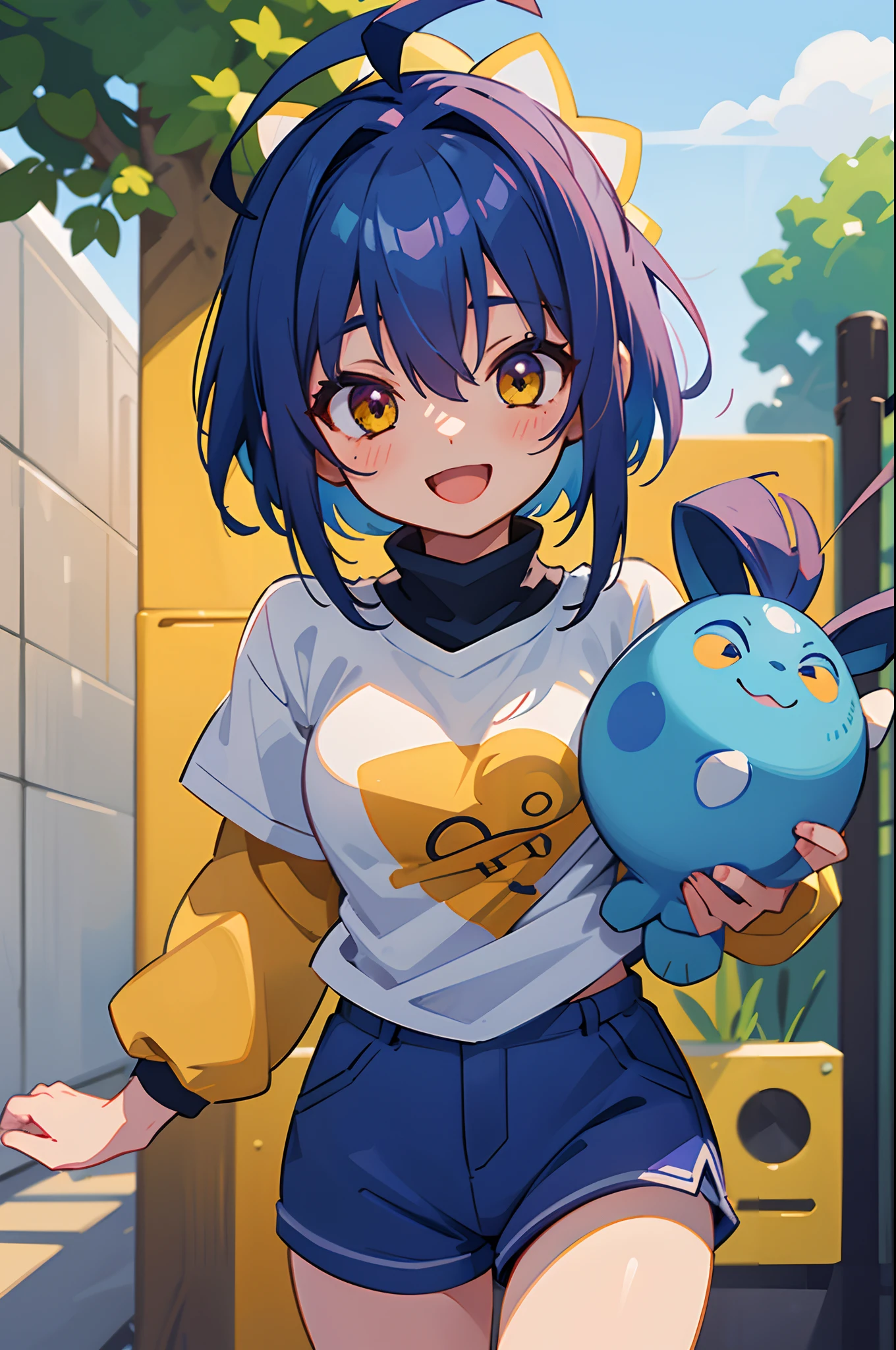 1girl in、Niko-chan、a 18 year old girl、middle size breasts、Blue hair、Pony tail、glowing yellow eyes、Bangs between the eyes、Ahoge、Turtleneck T-Shirt、shortpants、Cheerful smile、Stand in front of a street tree、facial close-up