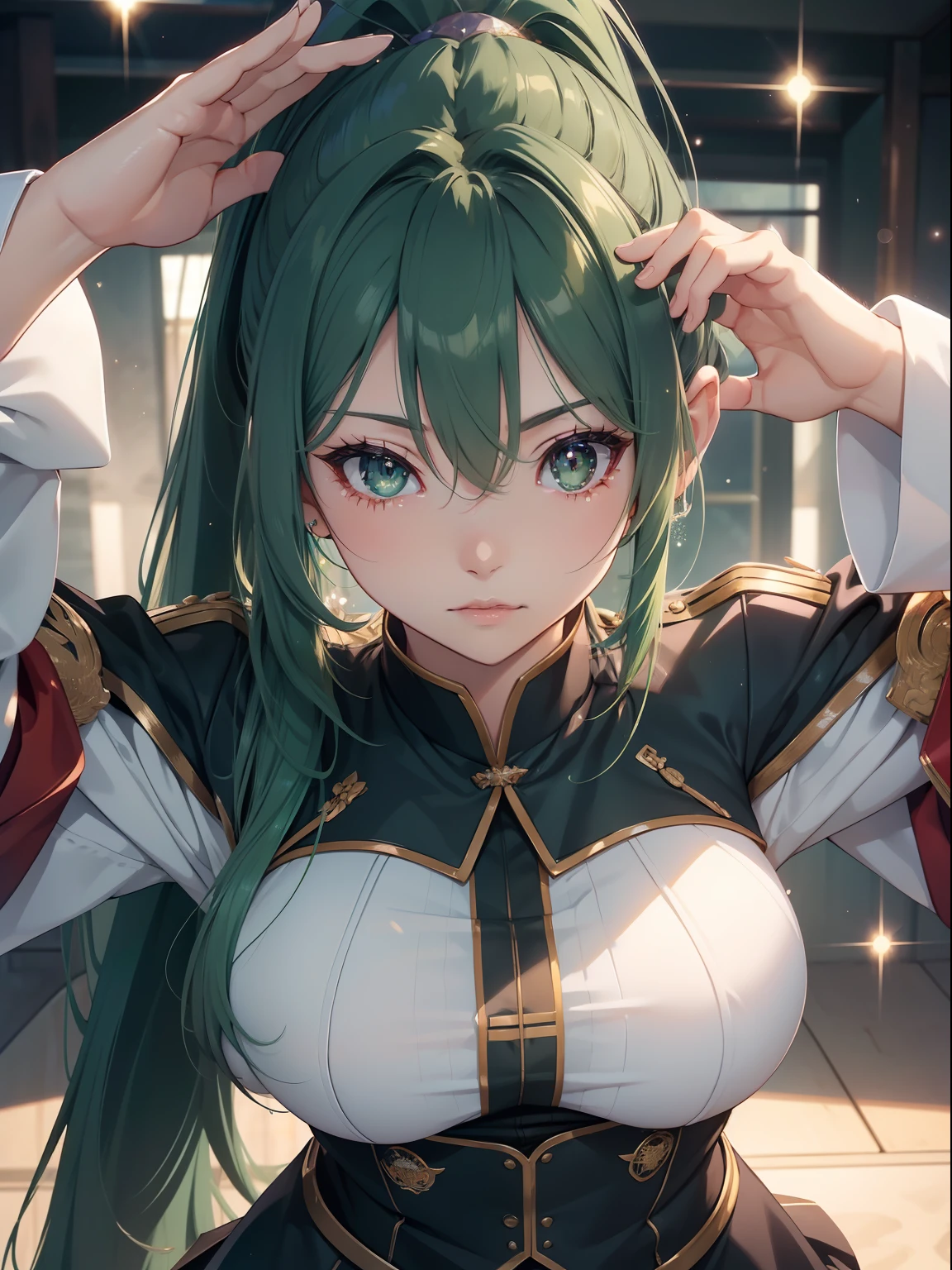Mitsurikan Log, mitsuri kanroji, braid, Gradient Hair, (Green eyes:1.5), Green hair, Long hair, Mole, Mole under the eyes, multicolored hair, Pink hair, Twin braids, Two-tone hair,
Brake belt, Black skirt, cleavage, coat, demon slayer uniform, haori, Komono, Long sleeves, Miniskirt, partially unbuttoned, Pleated skirt, Skirt, uniform,
BREAK looking at viewer,
Break indoors,
BREAK (masutepiece:1.2), Best Quality, High resolution, Unity 8k壁纸, (Illustration:0.8), (Beautiful detailed eyes:1.6), extra detailed face, Perfect Lighting, extremely details CG, (Perfect hands, Perfect Anatomy),colourful hair, The whole body is reflected, (Off-the-shoulder costumes:1.5), ((chest wide open and exposed)), (Smile),