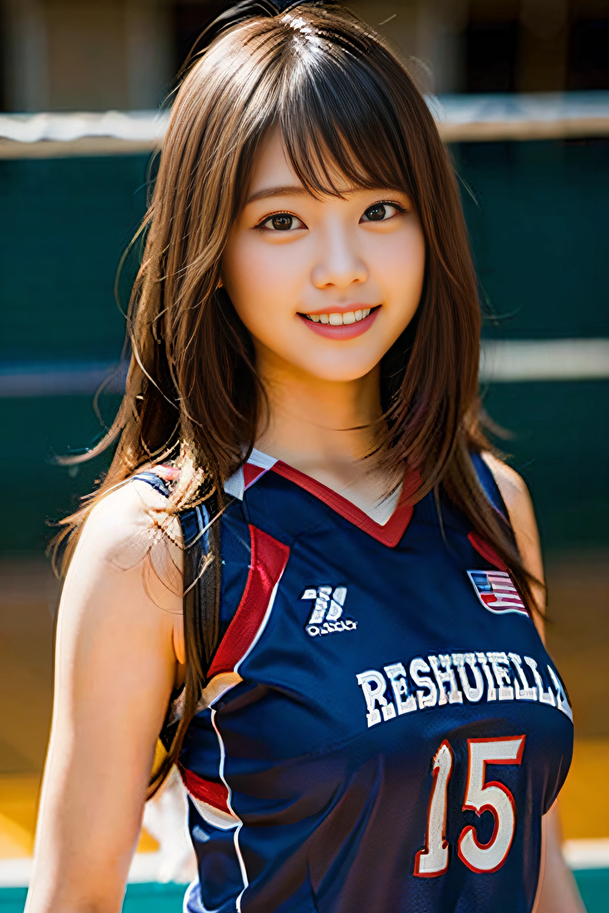 (8K、Raw photography、top-quality、masterpiece:1.2)、(realisitic、Photorealsitic:1.37)、ultra-detailliert、超A high resolution、女の子1人、see the beholder、beautifull detailed face、A smile、Constriction、(Slim waist) :1.3)、Beautiful detailed skin、Skin Texture、Floating hair、Professional Lighting、Whole human body、Longhaire、a blond、Volleyball Uniforms、hi-school girl、Volleyball venues、Bob Hair、Happy smile、、Ministry work、E Cup Breast、huge tit