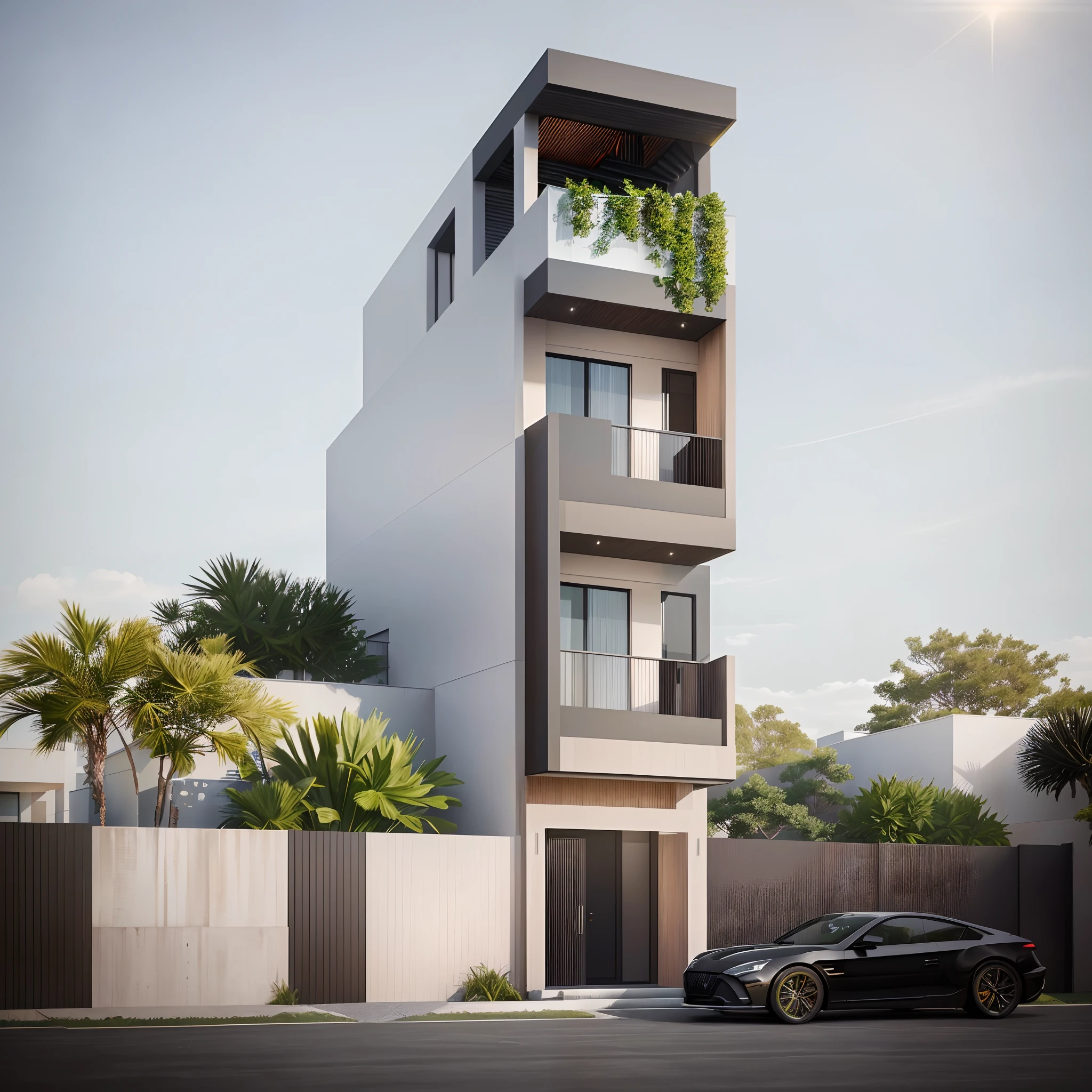 villa modern,Modern black house design, Green garden around the house, Black Front, Modern architecture, All glass, Sunshine, Seaside Realistic, exterior, sunlight, house, RAW photo, 8k uhd, dslr, (high detailed skin:1.3), soft lighting, ultra quality, film grain, Fujifilm XT3, sharp image, best quality, authentic, hight quality,