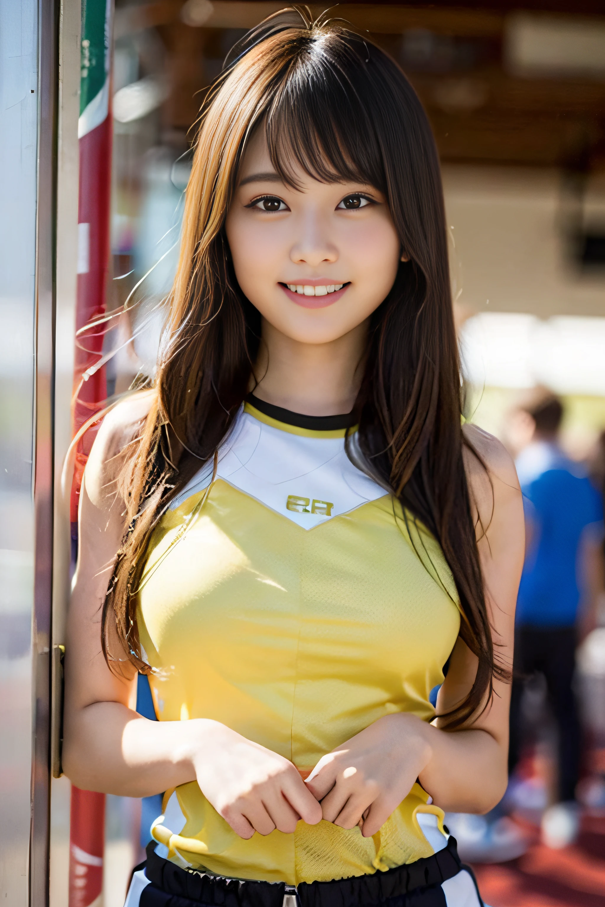 (extra detailed body、extra detailed face、best qualtiy:1.2)、femele、looking at the viewers、(a smile、Race Queen、Grid Girl、The most beautiful woman in the world)、(Car Racing Venues)
