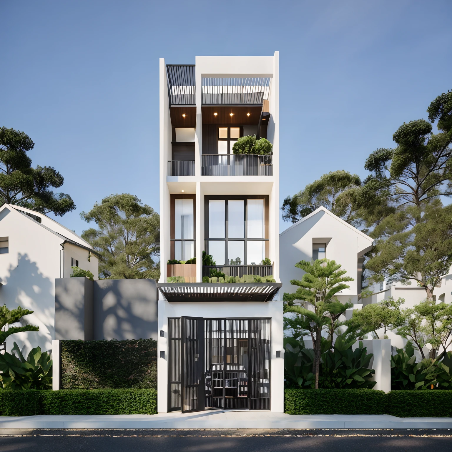 Townhouse in city, daylight,warm light, (sharp focus) front view of townhouse in style of modern, Vietnamese architecture ,mutual colours, soft lighting, warm atmosphere,high Resolution, hyper detailed,8k, hdr, ,vray render, hyper realistic,exterior design , professional photography, exterior photography,wide-angle shot , ultra detail, real world location, road sign, cityscape, pavement, ground vehice, cloudy sky. doors and windows are made by Xingfa. bancony have many trees , ivys, palms. black iron frame. wooden ceiling, ceiling light, black iron gate, iron railing, fence walls is made by black stone