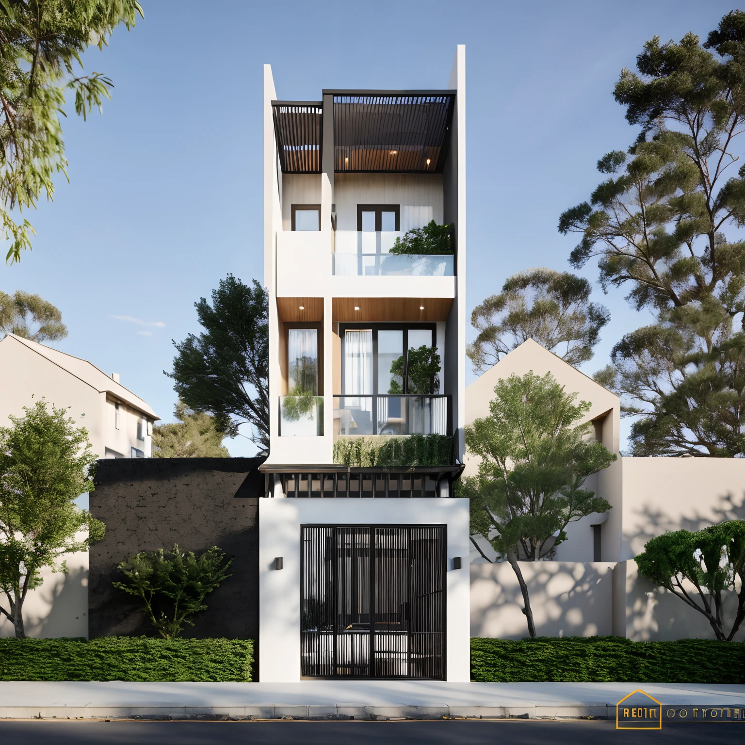 Townhouse in city, daylight,warm light, (sharp focus) front view of townhouse in style of modern, Vietnamese architecture ,mutual colours, soft lighting, warm atmosphere,high Resolution, hyper detailed,8k, hdr, ,vray render, hyper realistic,exterior design , professional photography, exterior photography,wide-angle shot , ultra detail, real world location, road sign, cityscape, pavement, ground vehice, cloudy sky. doors and windows are made by Xingfa. bancony have many trees , ivys, palms. black iron frame. wooden ceiling, ceiling light, black iron gate, iron railing, fence walls is made by black stone