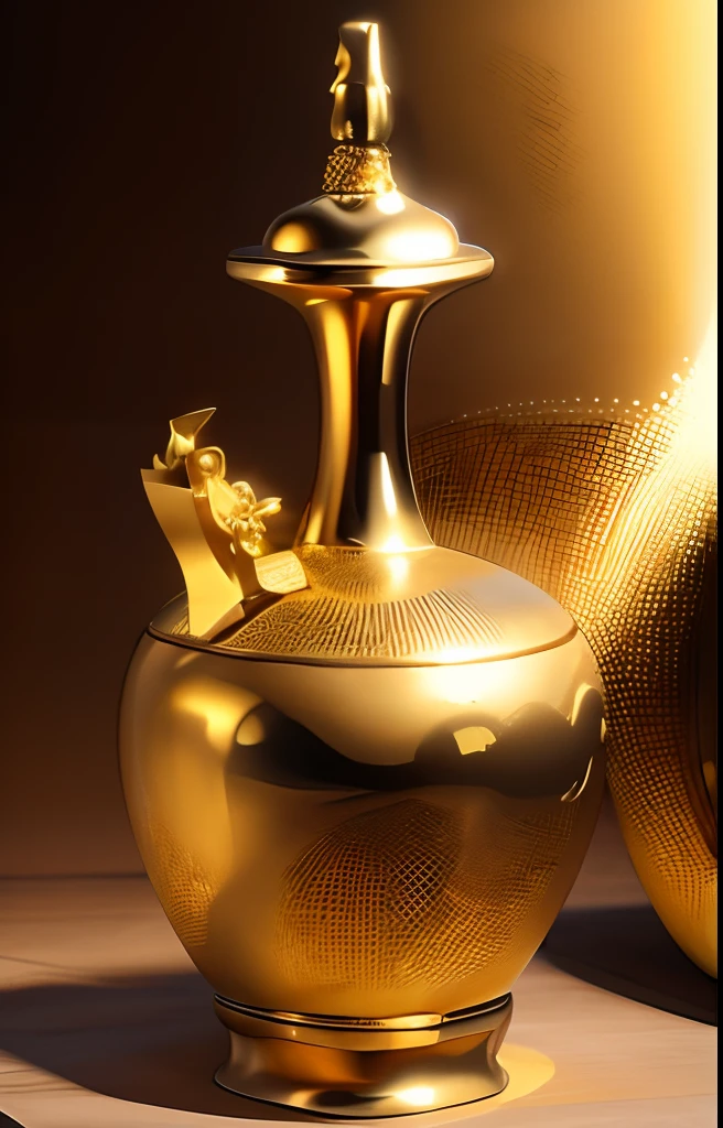 offcial art, (Extremely detailed CG unifies 8K,, Diamond, and wallpaper), (Photorealistic:1.4), (Masterpiece), (Best quality:1.2),Light and shadow tracking,Super HD, A high resolution, the detail, RAW photogr, Sharp Re, Nikon D850 Film Stock Photo by Jefferies Lee 4 Kodak Portra 400 Camera F1.6 shots, Rich colors, ultra-realistic vivid textures, Dramatic lighting, Unreal Engine Art Station Trend, cinestir 800,solid color backdrop,photorealestic,A golden magic container in a museum,Antique artifacts,((((gold)))),((((blingbling))))The background is a white glow,suns,Rainbow circle,chai,Total height 28 cm,There is a lid on it,The buckle is tight,The shape of this golden bottle,It resembles a golden cleaning bottle unearthed by the shrine monk Tataki,(((There is a pattern on the bottle))),(((Auspicious cloud pattern))),It can be concluded that it is a relic of the Tang Dynasty,Full work, Full of patterns, No text,Forged hammer pattern,Big belly,oguchi,On the small mouth is a dragon,sedate,massiness,Shiny and warm