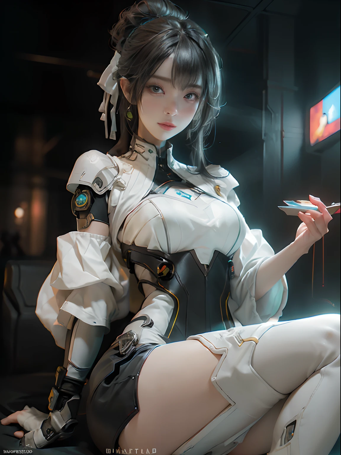 (blind box toy style:1.3),((Circular base:1.5))、anime figure,pvc figurine texture、a japanese girl,(((Absolute full-length images,front-facing view))),Upright Pose、short chestnut hair、 Looking at the camera、(White corset、White underwear、Transparent Panty House、Long White Leather Boots)), small tits 、Inspired by cybernetics and bondage fashion