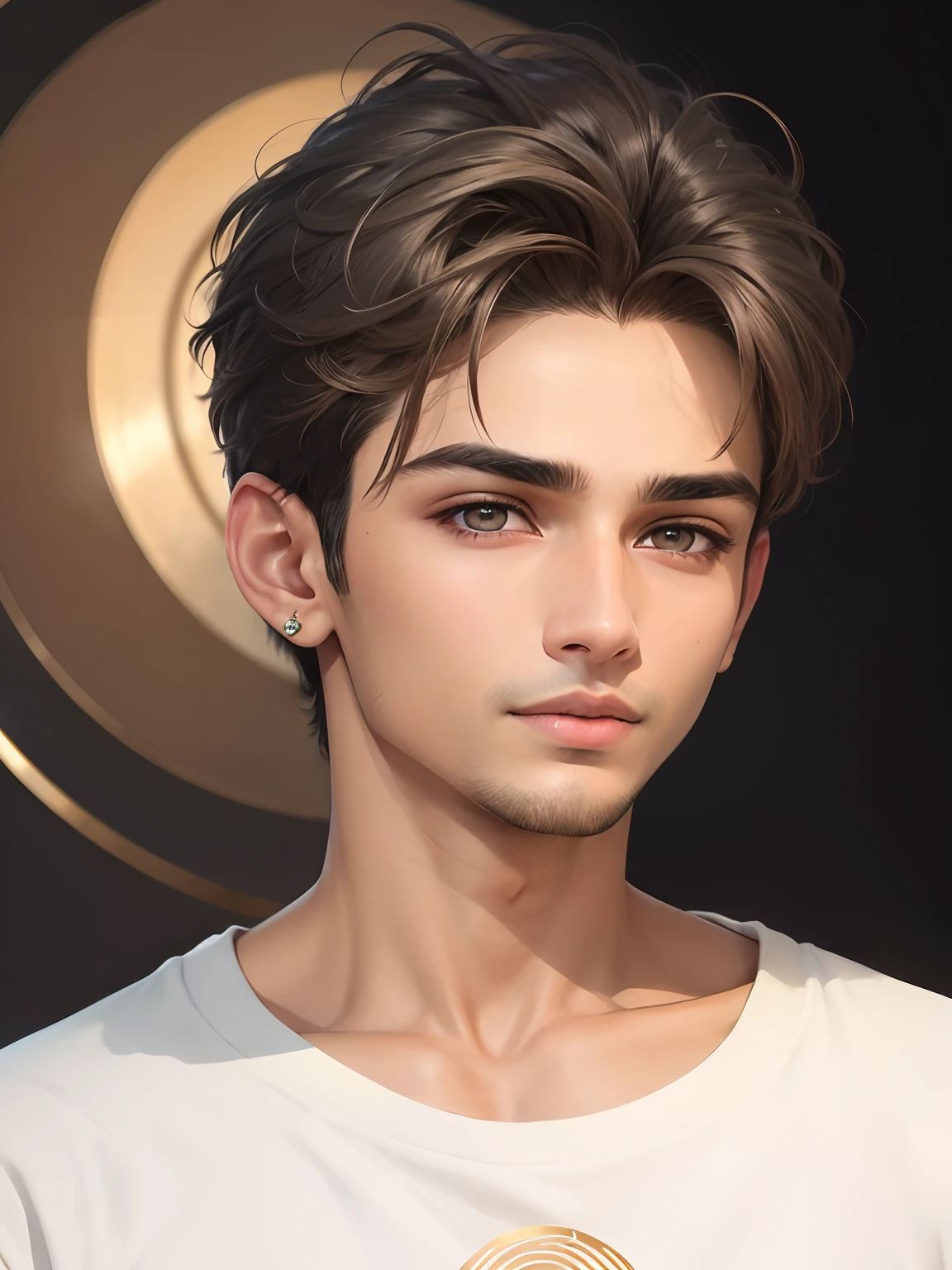 Indian handsome boy Realistic face, ultra detailed, young boy, 18 years old, boy, realistic boy, grey eyes, realistic, brown and gold hair, realistic detailed chenge background, add lights, add light light beard, white simple sweatshirt skinny boy, add right ear circle earing,