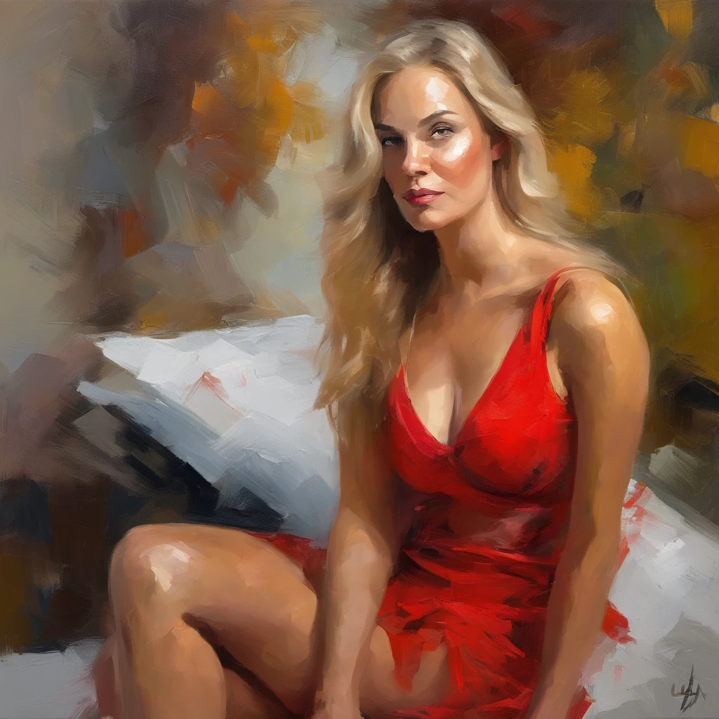 painting of a woman in a red bikini, long blond hair, eyes looking directly at us, camera view has her head in the center of the frame, elegant digital painting, beautiful portrait acrylic painting, wlop painting style, heavy brush strokes in textured paint, gorgeous digital painting, in wlop style, beautiful character painting, head in center of camera view, fine art portrait painting, epic background, expert lighting, beautiful art uhd 4 k