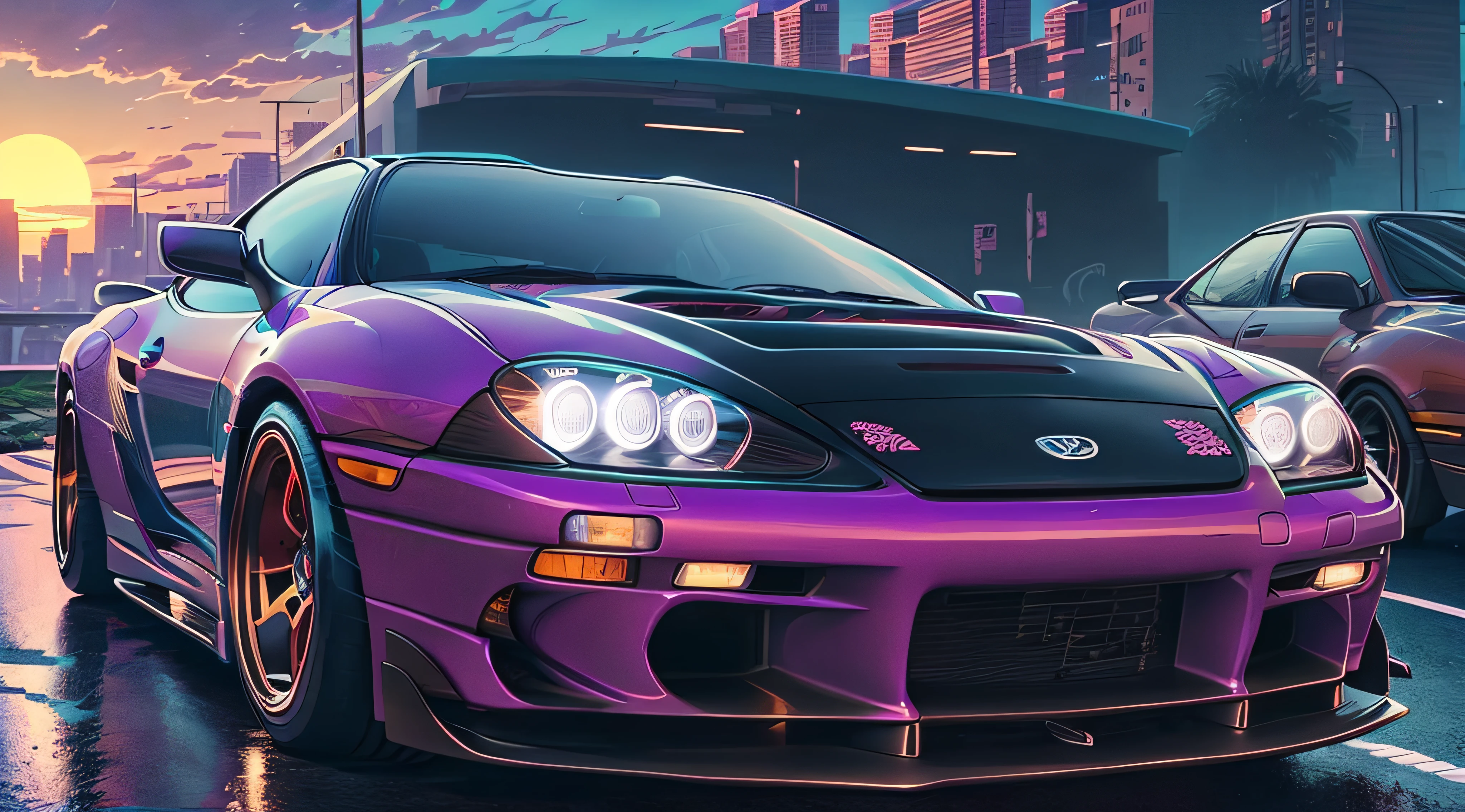 Reverse wave. City, Toyota Supra MK4, wide-body kit, road, purple neon, sun, close-up
(masterpiece, detailed, high resolution),1girl posing, sexy micro shorts, look t-shirt, extremely beautiful and sexy