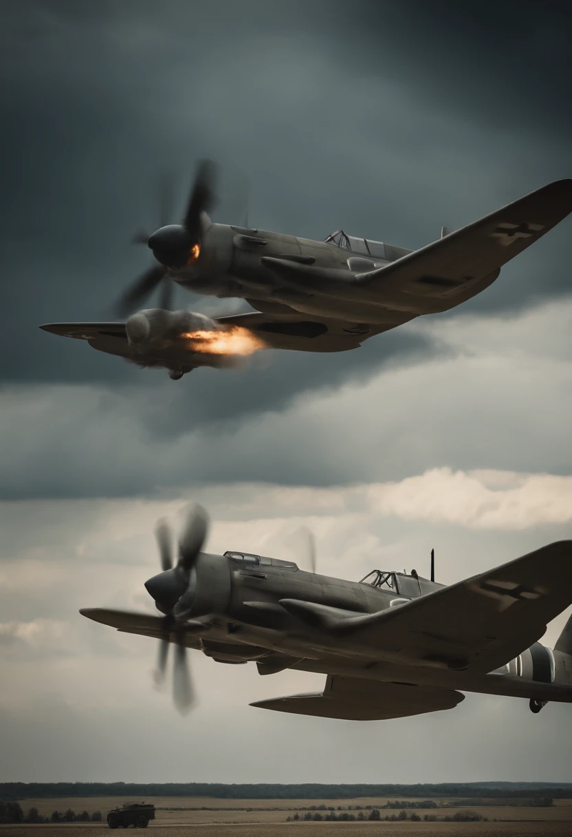 a hyper-realistic, cinematic image of German Luftwaffe bombers in action flying over the city of Stalingrad during World War II. Represent air combat, Explosiones, and anti-aircraft fire. The shot must have an aerial view
