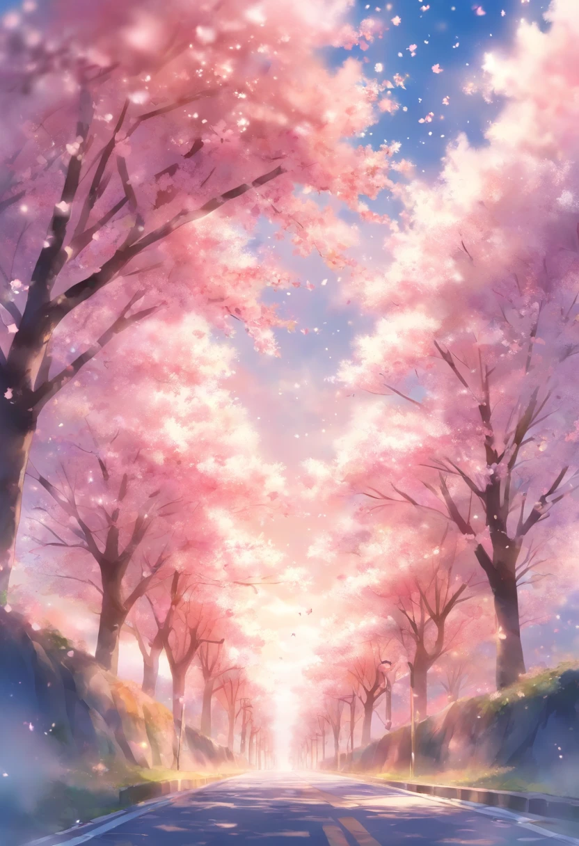 Blue sky and white clouds,The road is lined with beautiful cherry blossom trees,WaterColor style