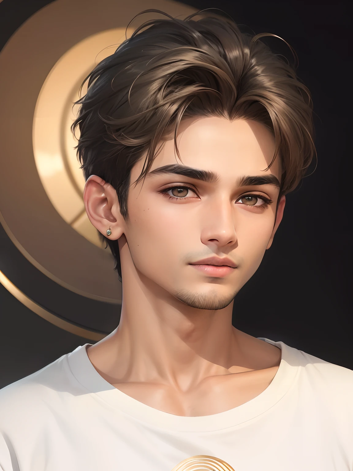Indian handsome boy Realistic face, ultra detailed, young boy, 18 years old, boy, realistic boy, grey eyes, realistic, brown and gold hair, realistic detailed chenge background, add lights, add light light beard, white simple sweatshirt skinny boy, add right ear circle earing,