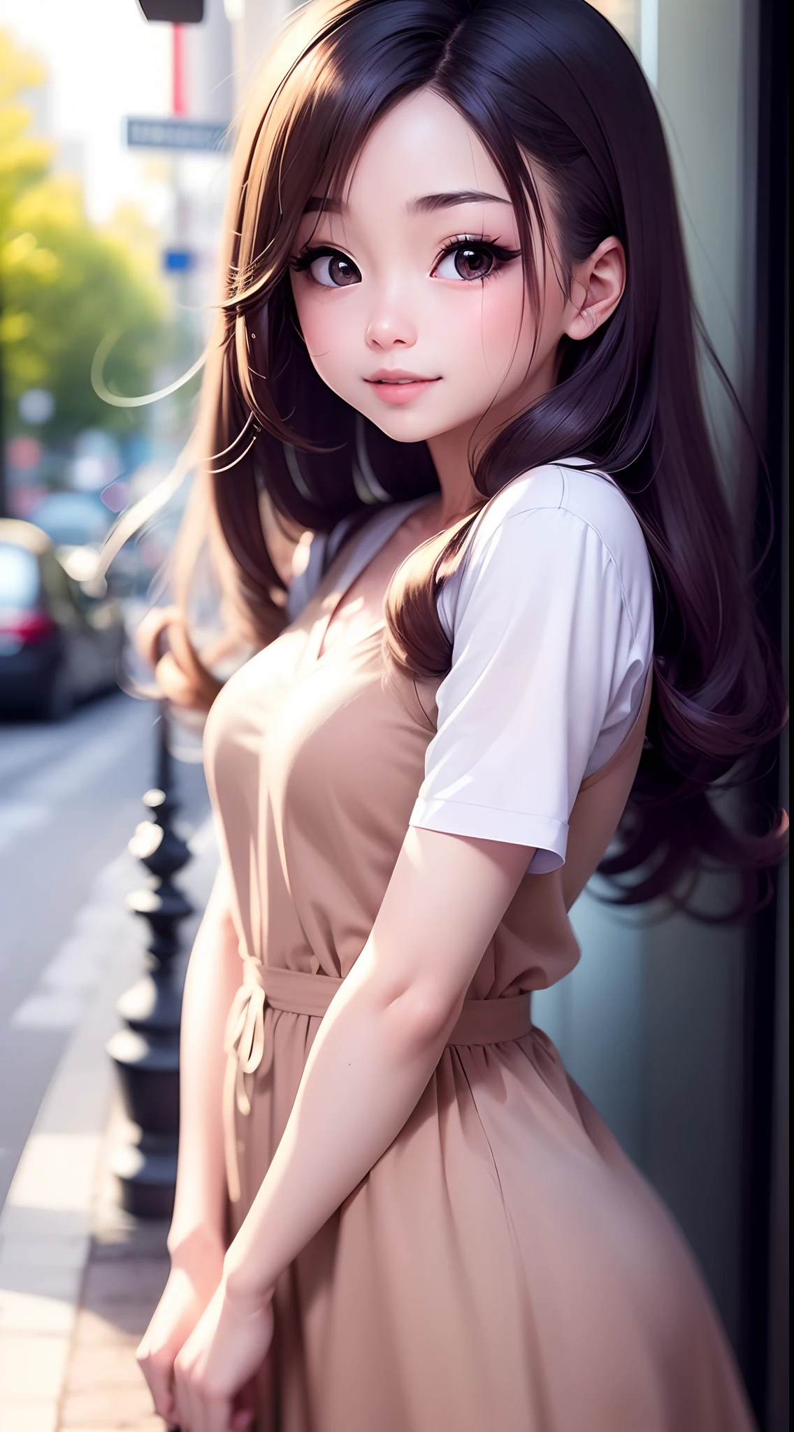 high quality, 8K Ultra HD, beautiful woman, A digital illustration of anime style, digital anime paintings of her, soft anime tones, Feels like Japanese anime, colorful, A painting with dripping and scattered paint, Painting like Agnes Cecile, blurry, pale touch, smudged outline, like a fairy tale, beautiful face, Her hair is gently swaying in the breeze, Summer clouds spreading far away, Her hair is gently swaying in the breeze, and the sun is shining down on her, casting a warm glow on her skin, pale brown dress, large eyes, a little smile, luminism, three dimensional effect, Alphonse Beeple, luminism, 3d render, octane render, Isometric,