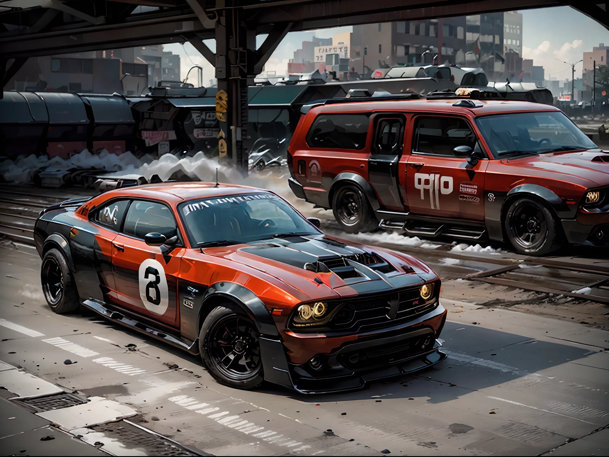 2012 Dodge Charger, red car, two hidden machine guns in front bumper, racing in New York subway rail tracks, gritty lighting, action photo, solo, cowboy shot
