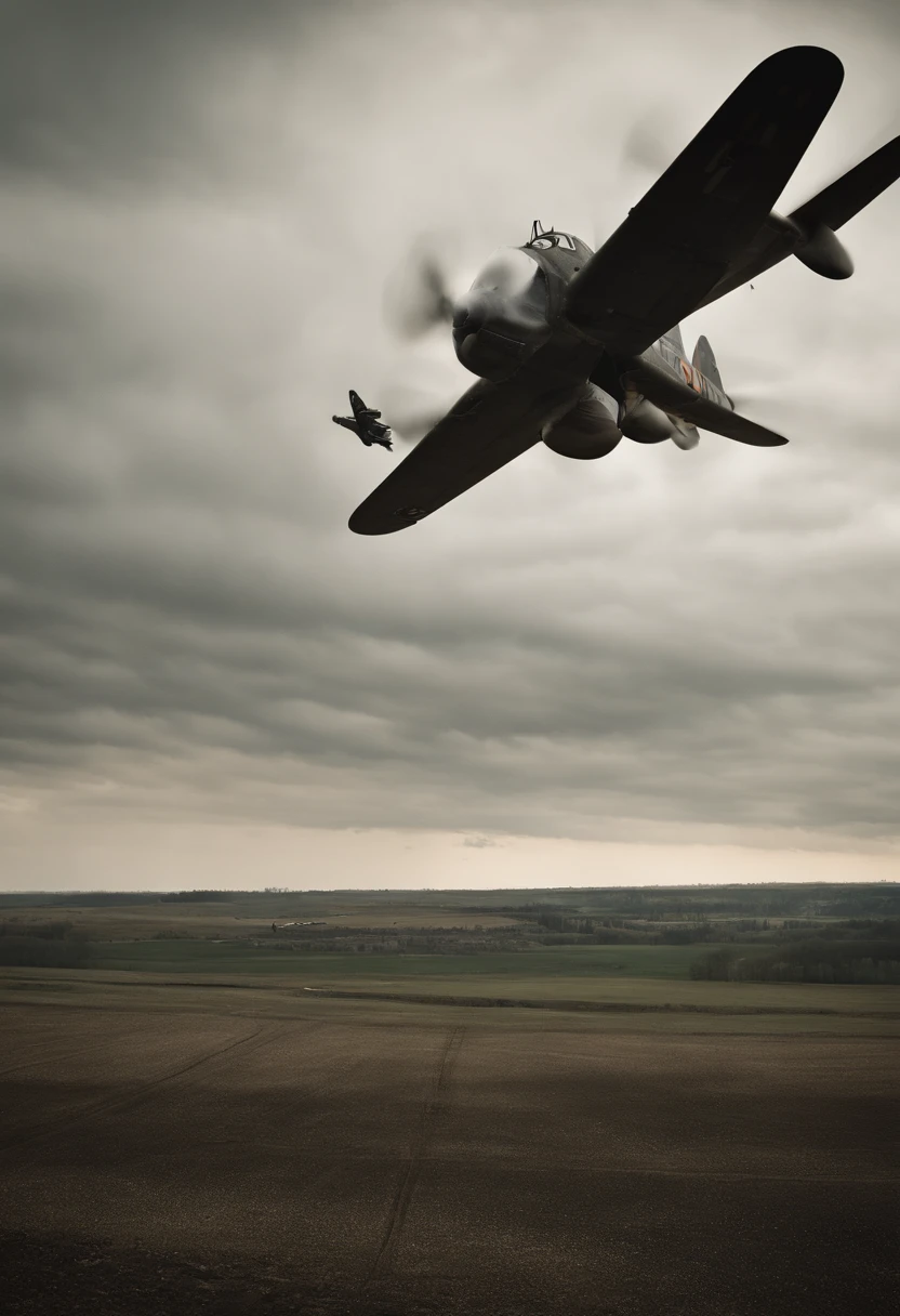 a hyper-realistic and cinematic image of German Luftwaffe bombers in action above the skies of Stalingrad during World War II. Depict aerial combat, explosions, and anti-aircraft fire. The shot should have an aerial view