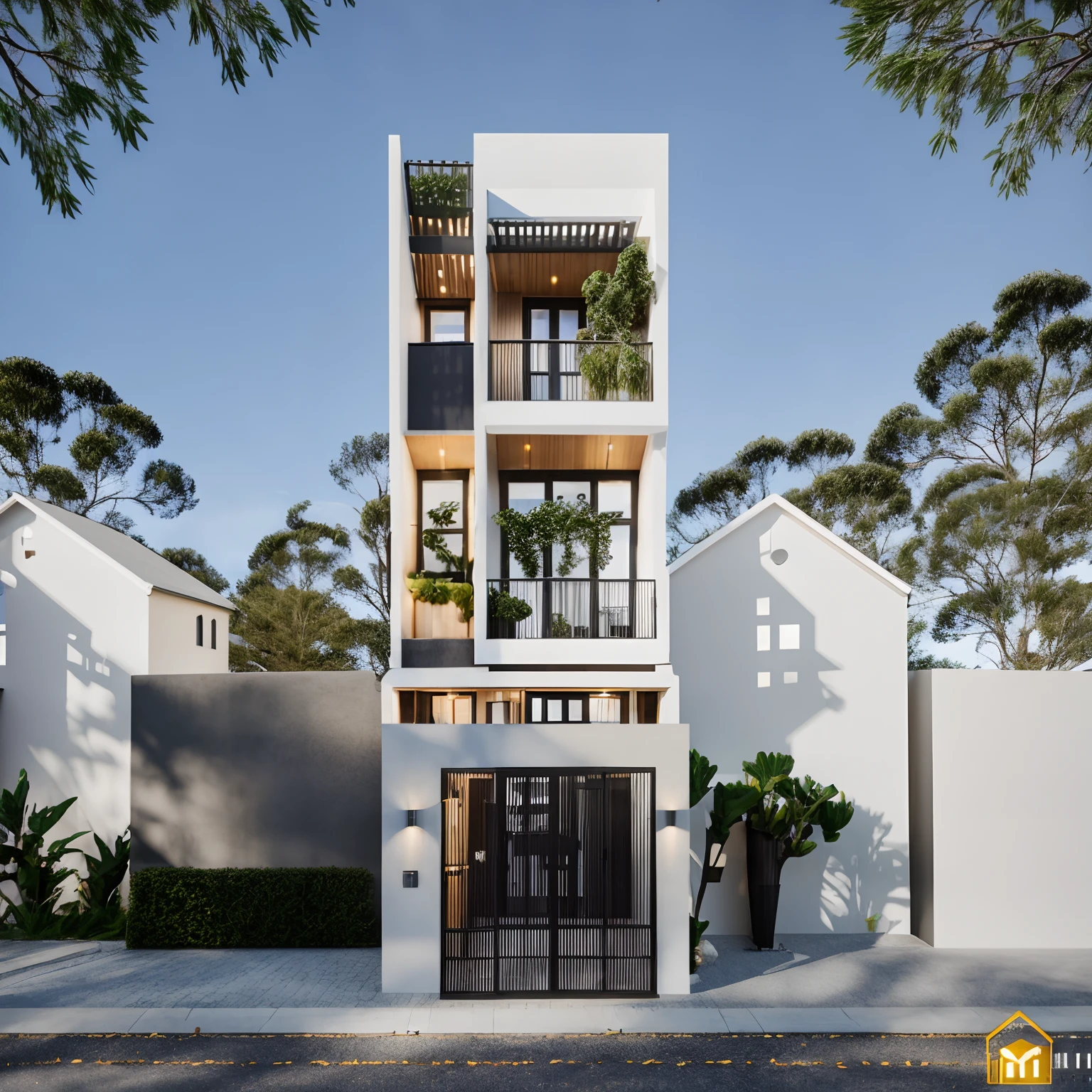 Townhouse in city, daylight,warm light, (sharp focus) front view of townhouse in style of modern, Vietnamese architecture ,mutual colours, soft lighting, warm atmosphere,high Resolution, hyper detailed,8k, hdr, ,vray render, hyper realistic,exterior design , professional photography, exterior photography,wide-angle shot , ultra detail, real world location, road sign, cityscape, pavement, ground vehice, cloudy sky. doors and windows are made by Xingfa. bancony have many trees , ivys, palms. black iron frame. wooden ceiling, ceiling light, black iron gate, iron railing, fence walls is made by black stone