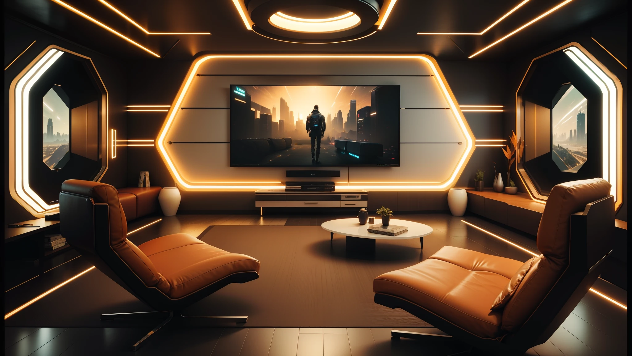 there is a large room with a couch, chair, and television, retro futuristic apartment, cgsociety 9, cyberpunk apartment, bladerunner apartment, futuristic looking living room, futuristic interior, gaming room in 2 0 4 0, futuristic room background, cgsociety unreal engine, jessica rossier color scheme, cgsociety 4 k uhd, futuristic room, sci - fi interior ,