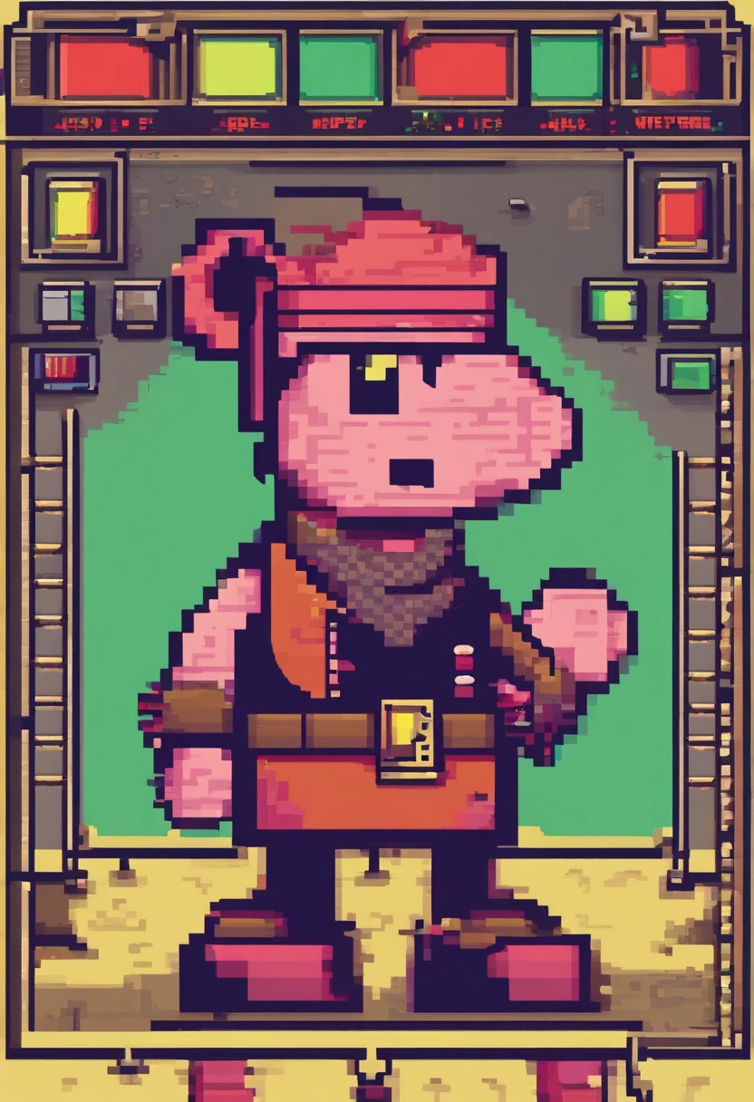 Create a 2D pixel art character that combines elements of retro gaming, specifically inspired by Nintendo NES. The character should be a humanoid-pig boy dressed as a Viking. The art should be in 8-bit style, suitable for use in Scratch projects or Pokemon-like games. Please use a white background for the artwork.