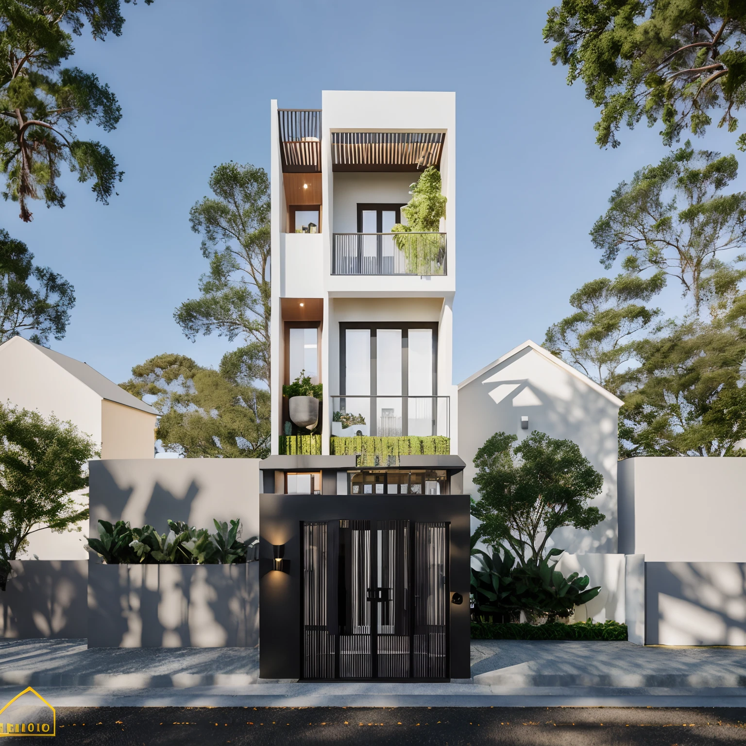 Townhouse in city, daylight,warm light, (sharp focus) front view of townhouse in style of modern, Vietnamese architecture ,mutual colours, soft lighting, warm atmosphere,high Resolution, hyper detailed,8k, hdr, ,vray render, hyper realistic,exterior design , professional photography, exterior photography,wide-angle shot , ultra detail, real world location, road sign, cityscape, pavement, ground vehice, cloudy sky. doors and windows are made by Xingfa. bancony have many trees , ivys, palms. black iron frame. wooden ceiling, ceiling light, black iron gate, iron railing, fence walls is made by black stone