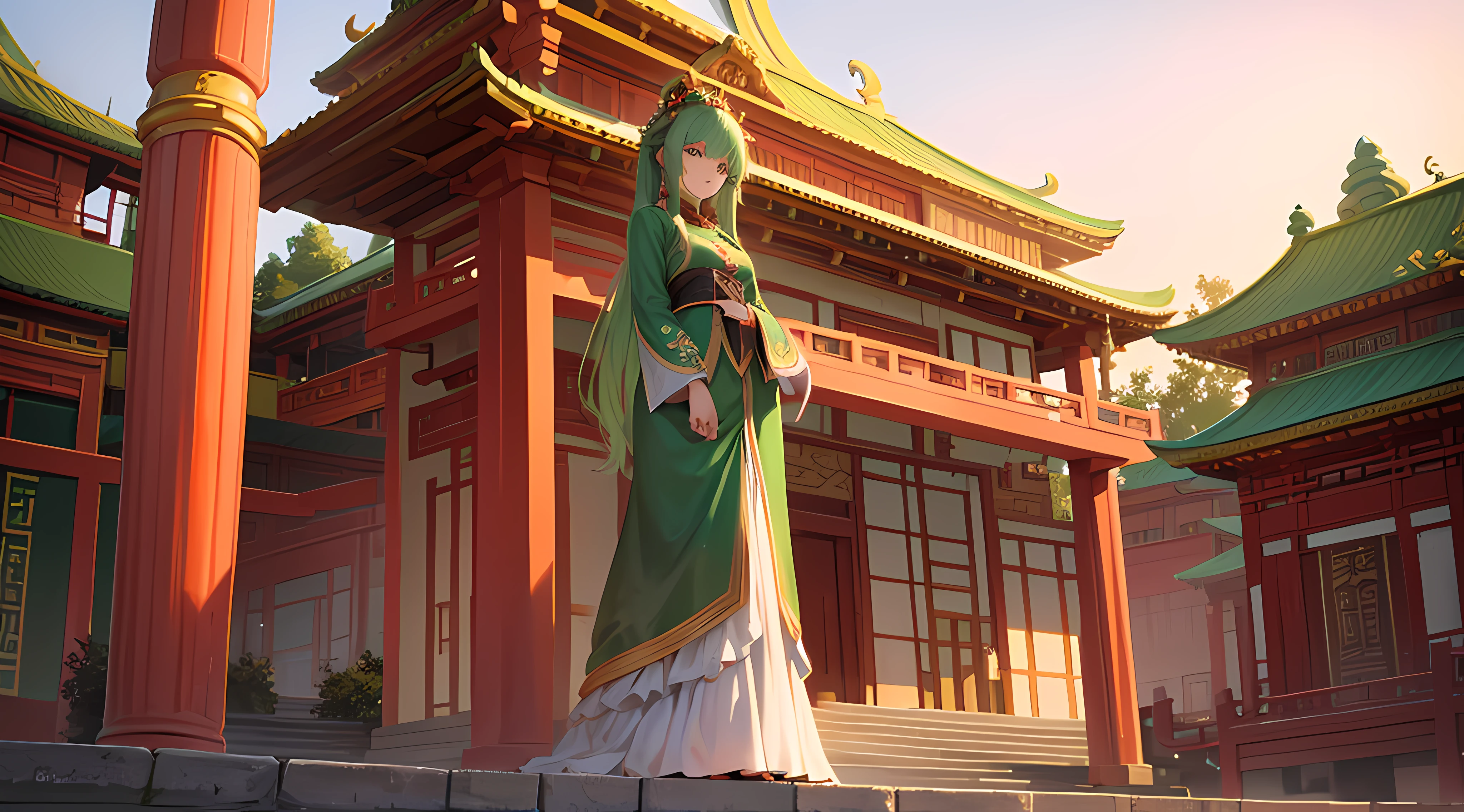 Green girl with long hair,Exquisite palace costume,Fire red dress,Stand in front of the Chinese Heavenly Palace,Look into the distance,