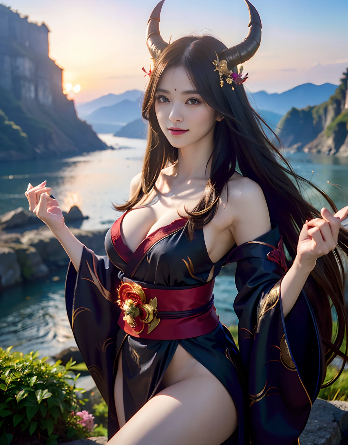 (((masutepiece,))),Professional , masterpiece、top-quality、photos realistic , depth of fields 、Raw photo、女の子1a person、glowy skin、(sexypose)、(Black maple on the background of full bloom),(Ultimate Beauty)、A dark-haired、Mystical expression、ultrasharp、(shrine background)、(Kimono with beautiful pattern)、(Midnight background)、Beautiful hair ornament on the head、,(intense fighting),((Precipitous cliffs)),(Wear a beautiful kimono),(Wear a colorful and beautiful kimono)、cleavage of the breast、(Japan Castle Background)、Jewel Gold Weapon、Particles of light),(intense fighting)、Gorgeous gold weapons ,Castle background、(( Gorgeous Dragon Sword)) , (a dark night),,(maikurobikini) 、((Black Haired Beautiful Girl))、(Castle background)、(demonic wings)、((Gangle's forest background))、Beautiful Caucasian beauty、1a person、dynamic ungle,(((Two devil's horns on the head)))、Smaller head、Idle Smile、Thin and beautiful female hands、Mystical expression、Light Effects、intense fighting、Wind-effect、magic circles、With the legendary magic wand、Dragon's tail、Anatomically correct fingers、Full Body Angle、Anatomically correct number of fingers、