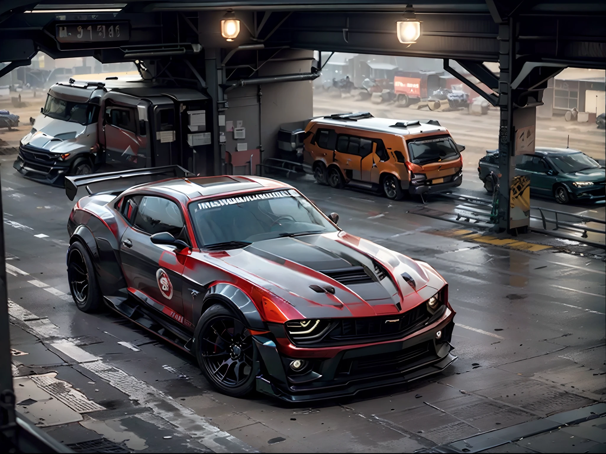 2015 Chevrolet Camaro, red car, two hidden machine guns in front bumper, racing in New York subway rail tracks, gritty lighting, action photo, solo, cowboy shot