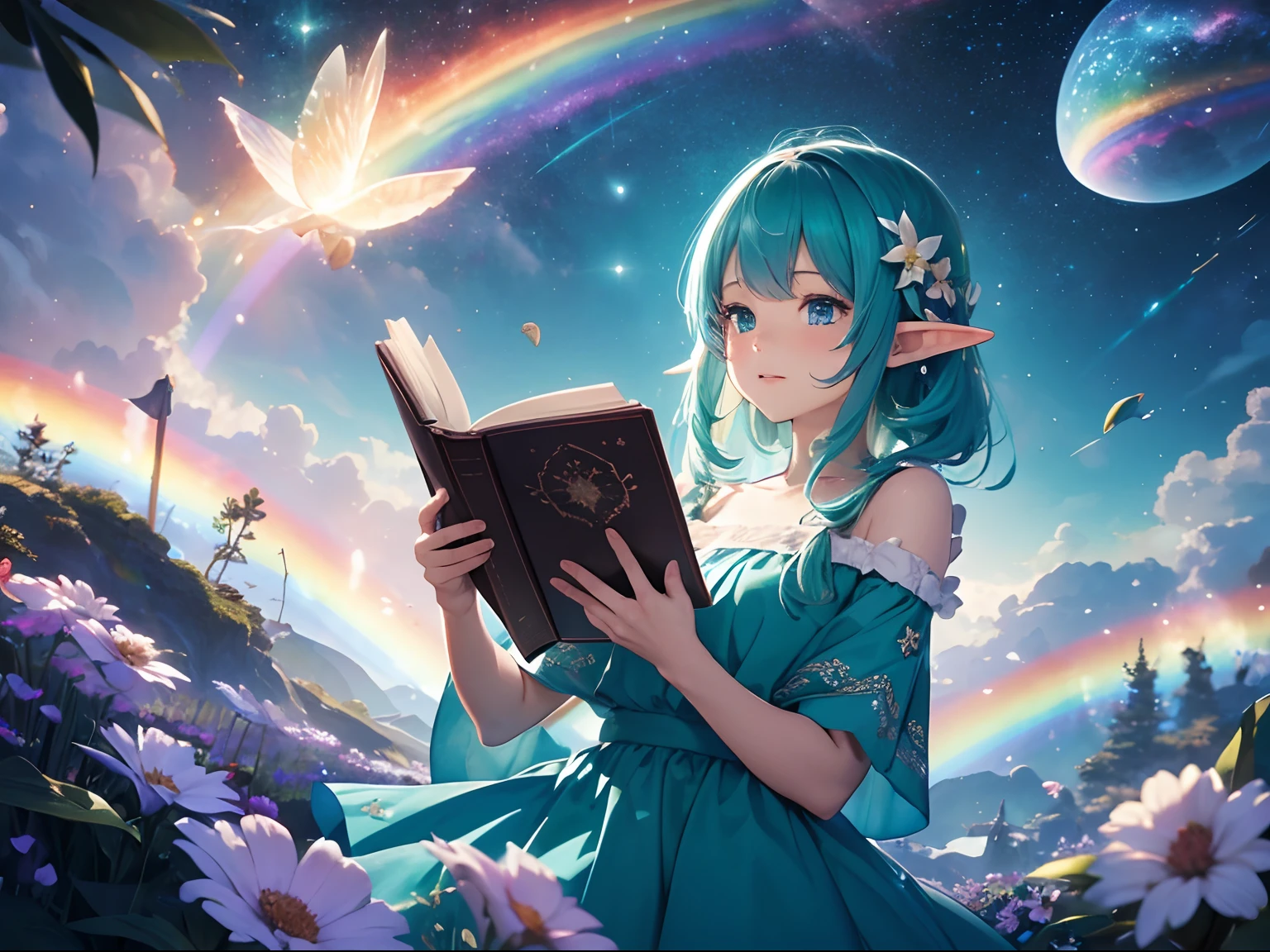 (best quality, masterpiece), 1elf, reading a book, particle, wind, flower, upper body, simple background, looking at viewer, rainbow colored hair, teal short floating dress, cosmic, nebulas, galaxy