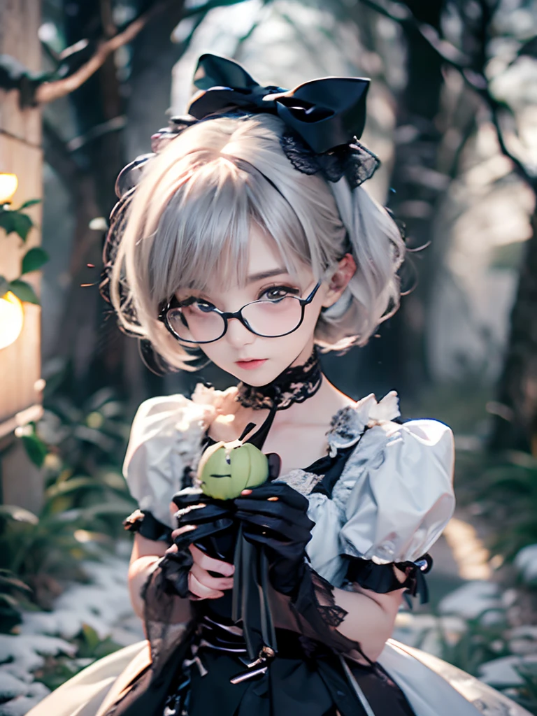 8K, Raw photo, Photorealistic, (Detailed skin, Best Quality:1.2), ((sweet ta dress, puff sleeves, black gloves)), (white short hair:1.3, short bangs), teenJapanese girl in the dark forest at night, standing, (glasses, Baby face:1.1, Neat face, Fairer skin), (foggy forest at night, deep fog:1.4, black trees:1.2), jack o lantern:1.5