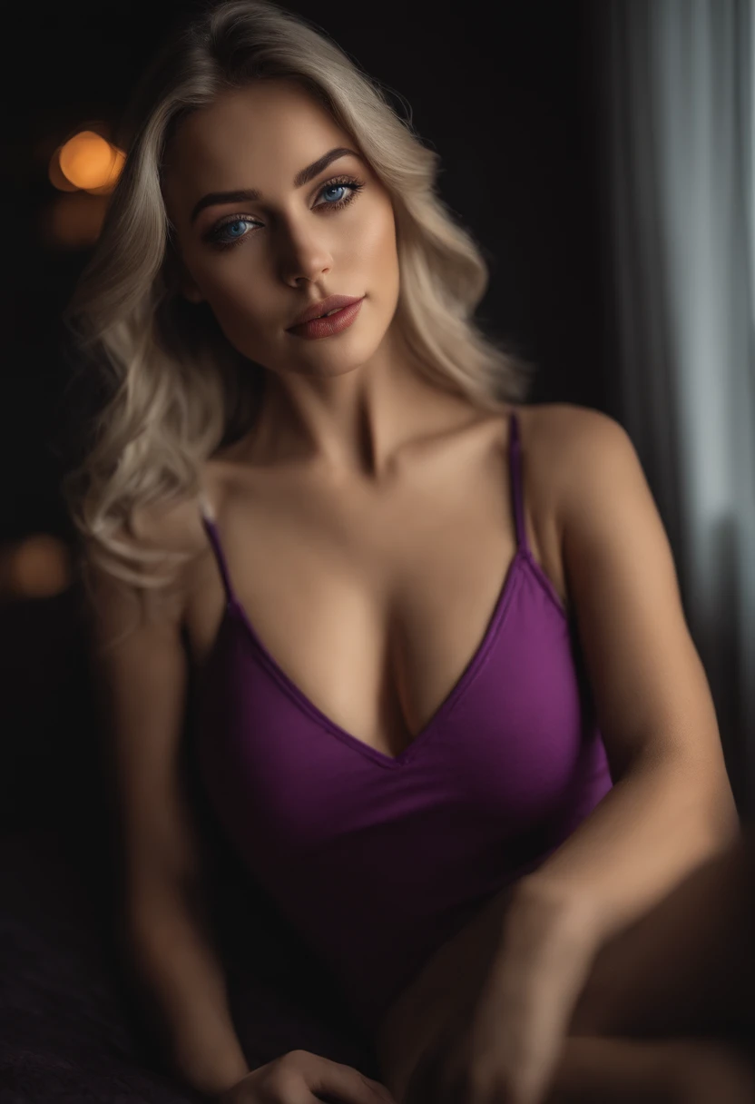arafed woman fully , sexy girl with blue eyes, ultra realistic, meticulously detailed, portrait sophie mudd, blonde hair and large eyes, selfie of a young woman, bedroom eyes, violet myers, without makeup, natural makeup, looking directly at the camera, face with artgram, subtle makeup, stunning full body shot kneeling on bed, in bedroom, medium to large size bust, woman in bikini