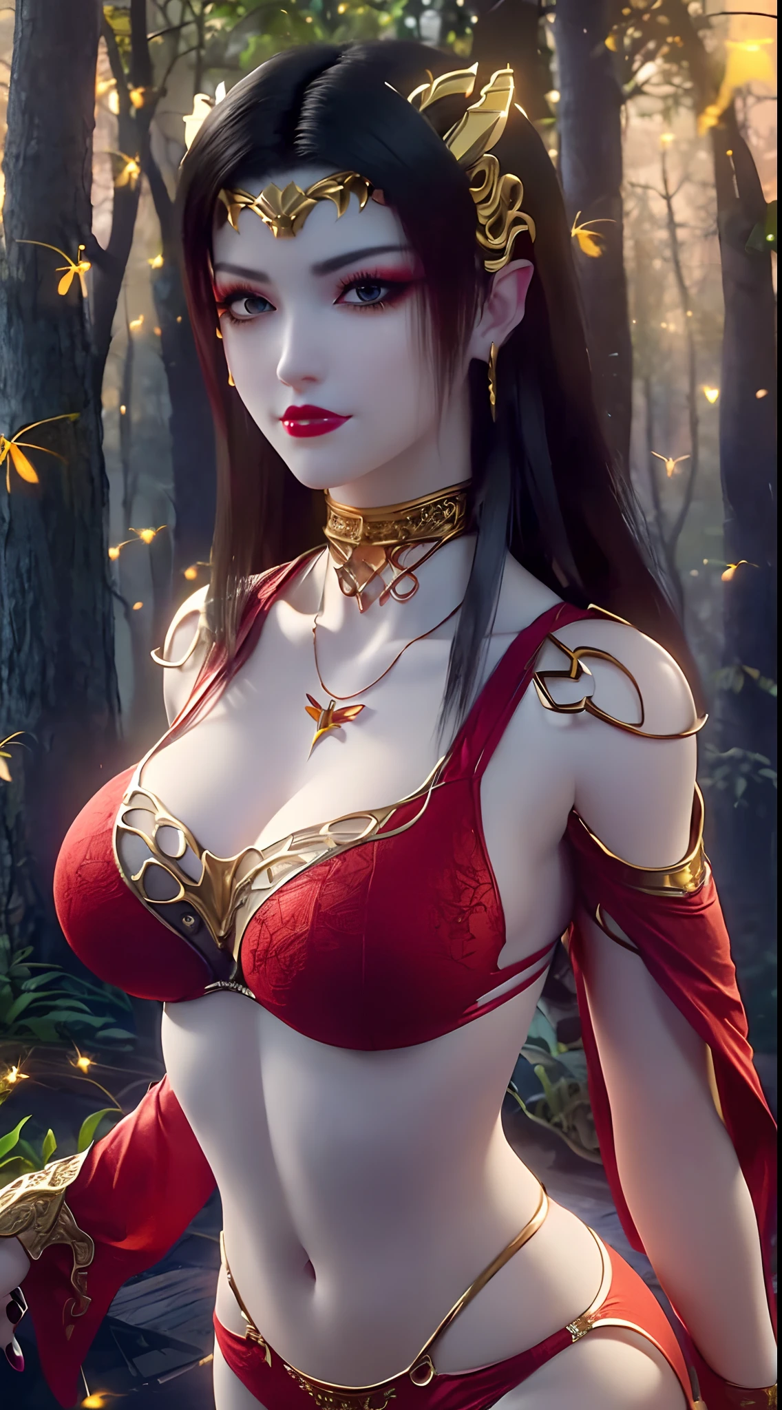 1 beautiful and sexy 20 year old girl, ((wearing a red bikini is very beautiful and sexy:1.8)), ((motifs and rhinestones on the bra:1.7)), ((nfsw:1.5)), ((long black hair:1.6)), jewelry elaborately made from precious stones and beautiful hair, ((wearing a 24k gold lace necklace:1.4))), ((A thin red silk scarf covers half of the face:1.5)), the noble, noble style of an extremely beautiful girl, her small face is super cute, her face is very pretty, thin eyebrows, flawless beautiful face, ((black eye pupils: 0.8)), very beautiful eyes, ((platinum blue eyes: 1.6)), (((big round eyes:1.6))), nice makeup and hair detailed eyelashes, steamy eye makeup, high nose, earrings, red lips, ((closed mouth: 1.5)) beautiful lips, slim hands, most beautiful thighs, ((arms spread out to the sides: 1.5)), rosy face, clean face, flawless beautiful face, smooth white skin, (big breasts: 1.5)), ((high breasts: 1.6)), tight breasts, beautiful cleavage, (((big breasts and super round: 1.8))), ((super tight breasts: 1.7)) , beautiful breasts, perfect body, back arms, chest out, thin black mesh stockings with black lace trim, 8k photo, super high quality, super realistic, super 10x pixels, optical, bright studio, bright edges, dual-tone lighting, (high-detail skin:1.2), super 8k, soft lighting, high quality, volumetric lighting, photorealistic, photorealistic high resolution, lighting, best photo, 4k, 8k quality, blur effect, smooth sharp, 10 x pixel, ((the night and fireflies background:1.5)), aurora, lightning, super graphics realistic, most realistic graphics, 1 girl, alone, solo, Extremely sharp image, surreal, (((frontal portrait: 1)))."