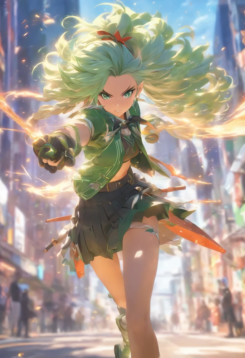 masterpiece , best quality,nahida(genshin impact) fight with big gun, small breast,long hair ,side ponytail, hair ornament , white hair , green hair , hand behind head:1.5,multicolored hair, elf , pointy ears , school uniform , skirt ,cardigan,road , street,looking at the viewers
